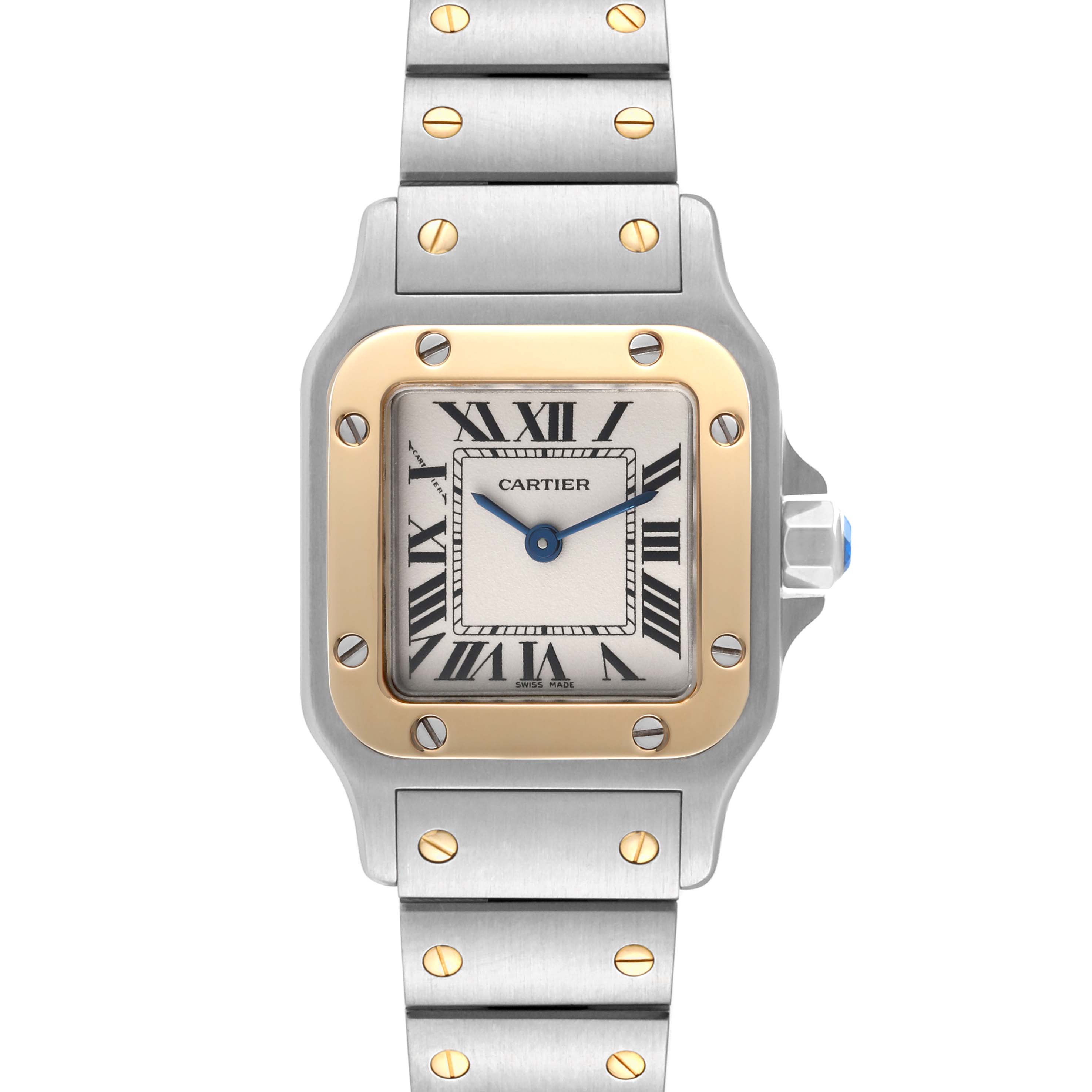 This image shows a front view of a Cartier Santos W20012C4 Women's Steel and Gold (two tone) Silver Dial W20012C4 Women's Steel and Gold (two tone) Silver Dial watch, featuring the dial, case, and bracelet.
