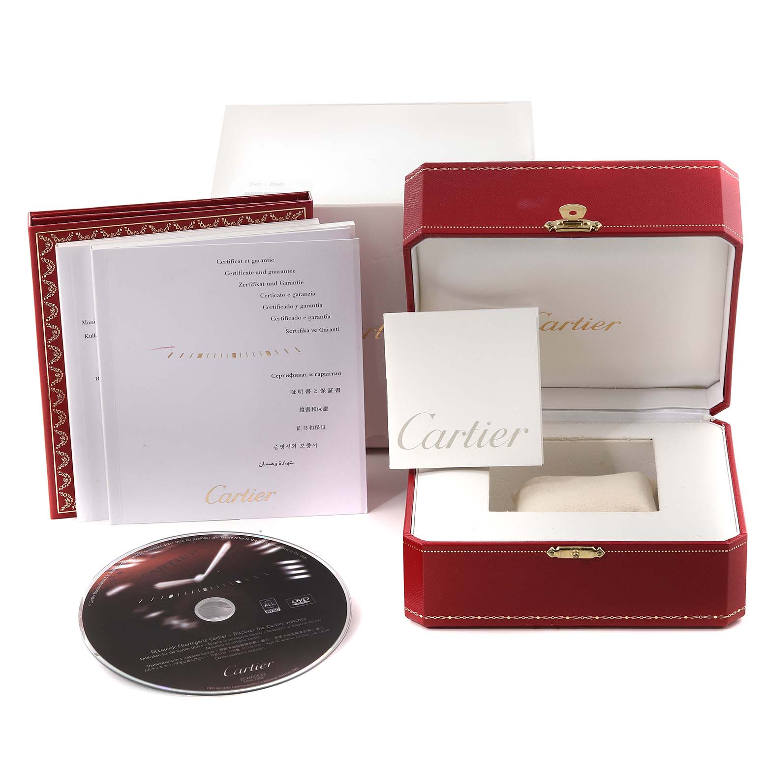 The image shows a presentation set for the Cartier Santos W20012C4 Women's Steel and Gold (two tone) Silver Dial W20012C4 Women's Steel and Gold (two tone) Silver Dial model, including the box, manual, guarantee certificate, and a CD.