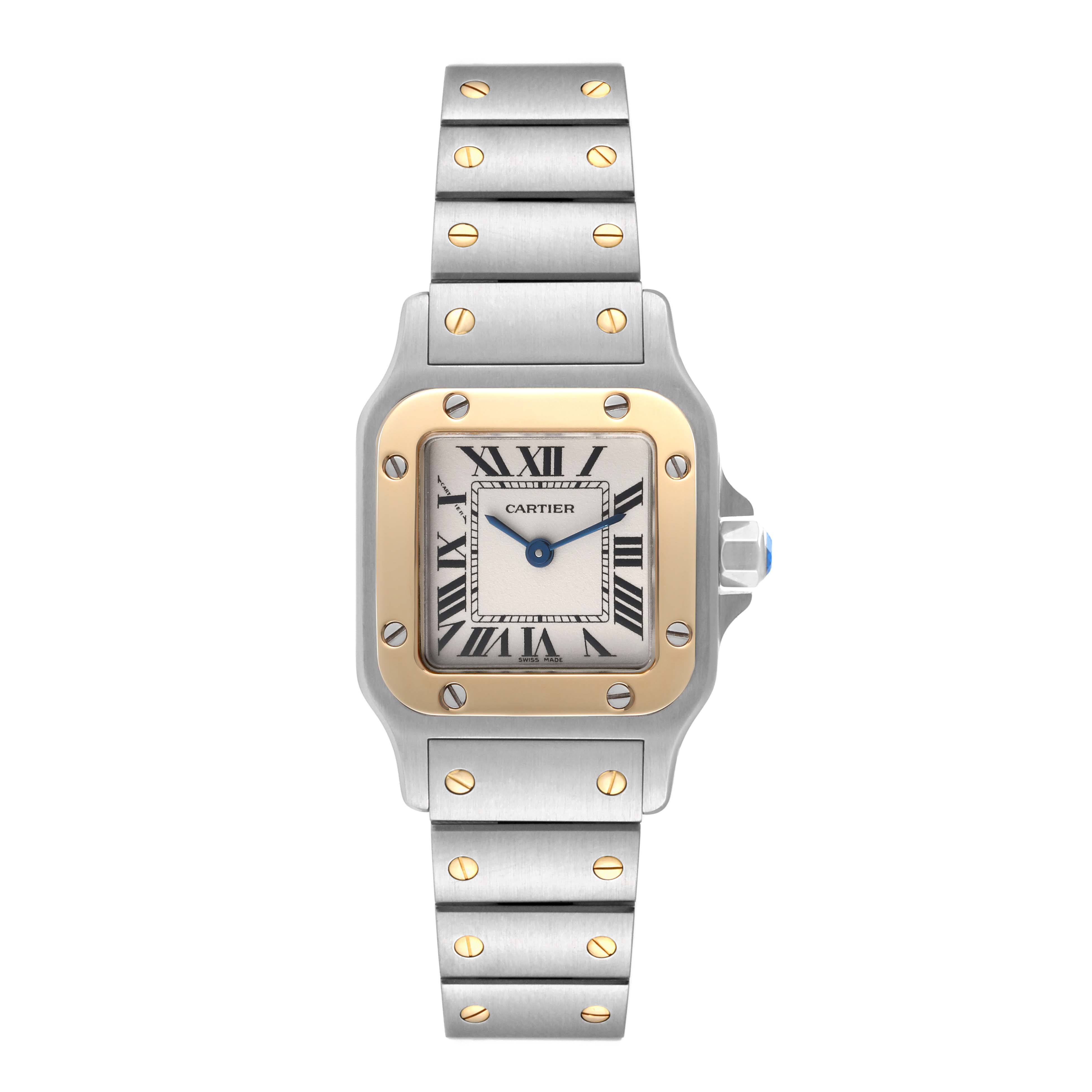 This Cartier Santos W20012C4 Women's Steel and Gold (two tone) Silver Dial W20012C4 Women's Steel and Gold (two tone) Silver Dial watch is shown from the front, displaying its face and metal band.