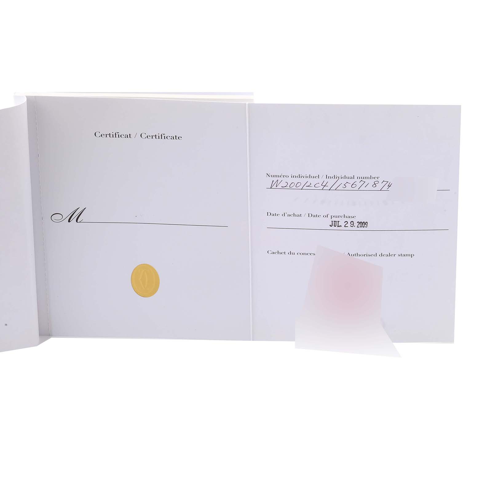 This image shows the certificate booklet for a Santos model by Cartier, including the date of purchase and individual number.