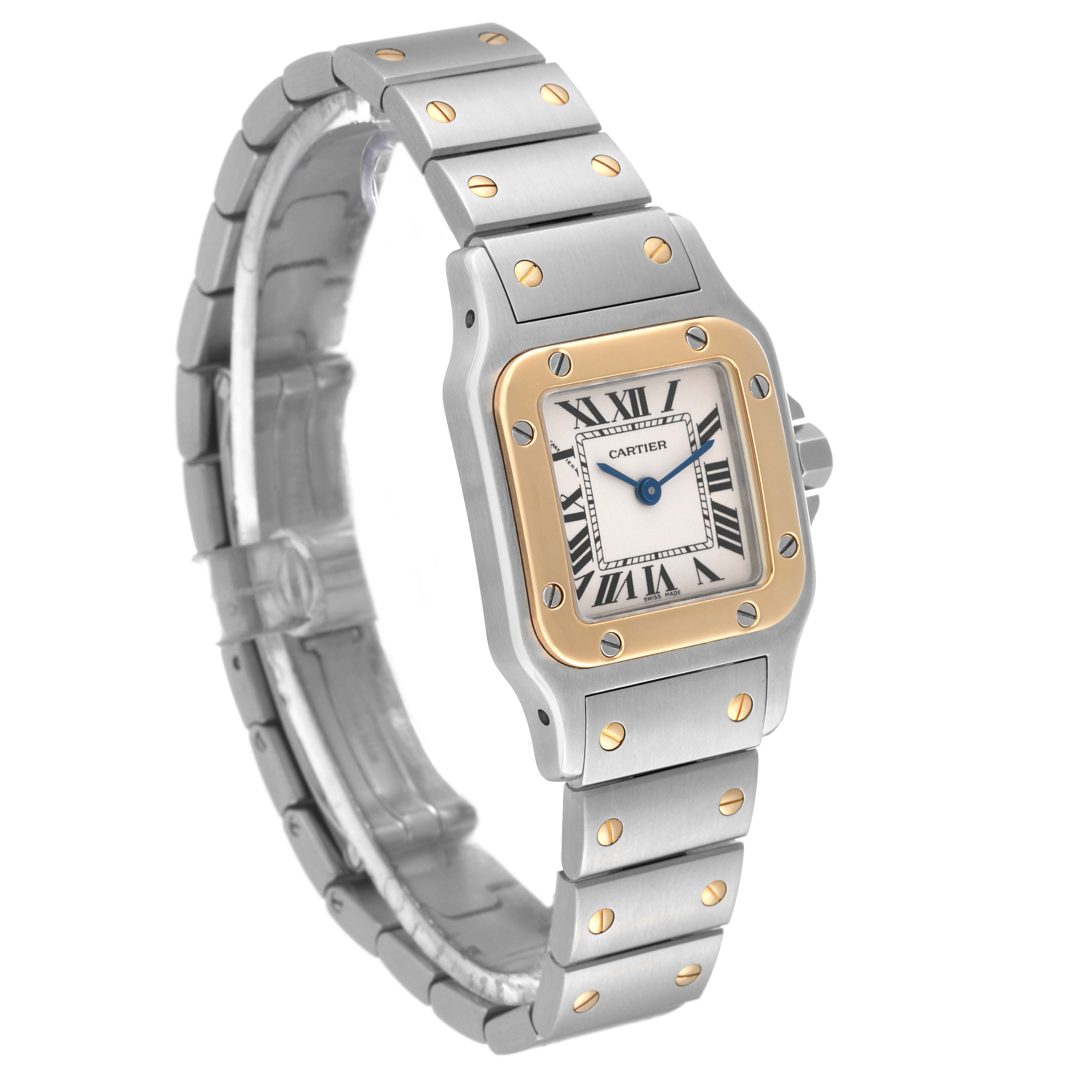 The image shows a Cartier Santos W20012C4 Women's Steel and Gold (two tone) Silver Dial W20012C4 Women's Steel and Gold (two tone) Silver Dial watch from a three-quarter angle, highlighting its two-tone case, bracelet, and dial.
