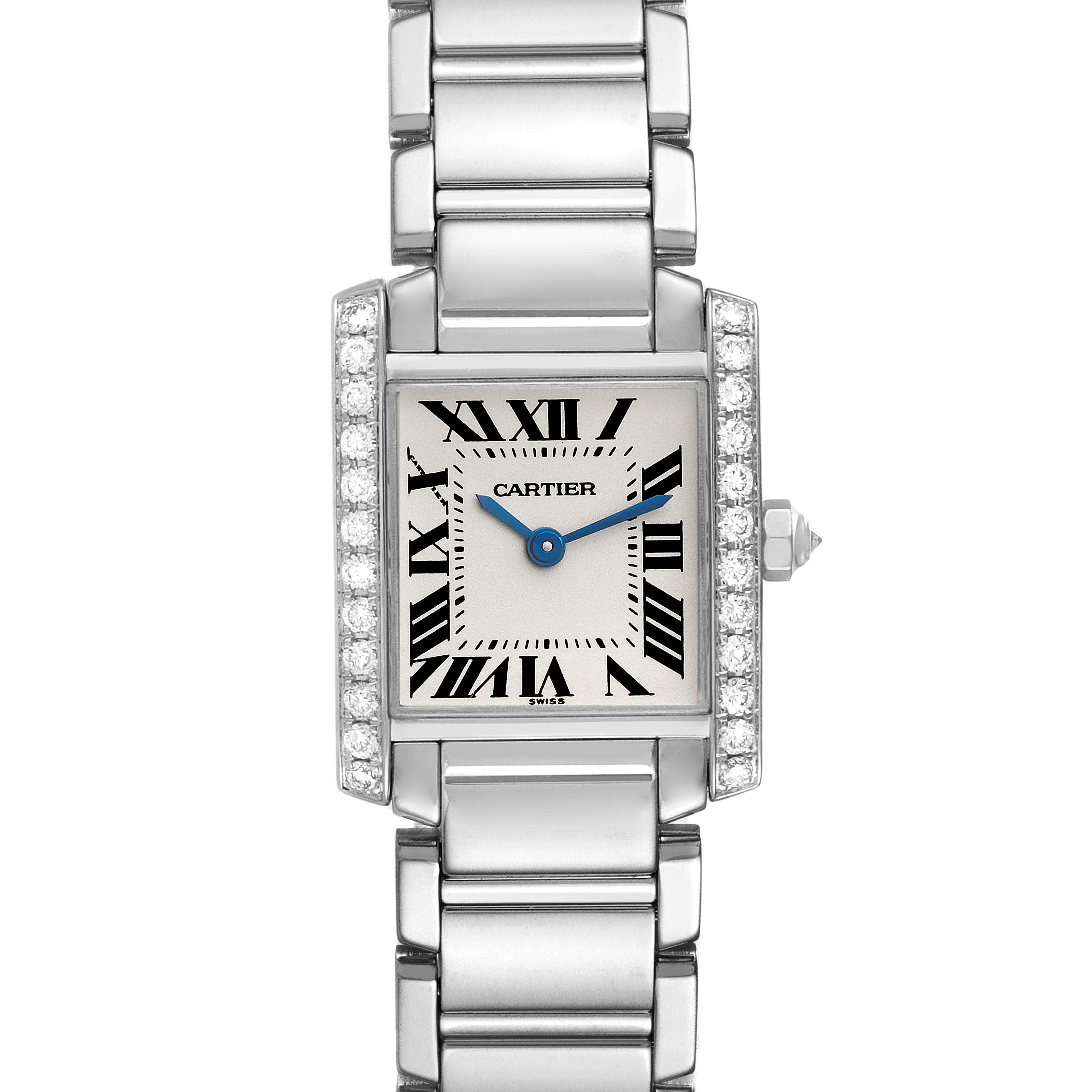 The image shows a front view of a Cartier Tank Francaise WE1002S3 Women's White Gold Silver Dial WE1002S3 Women's White Gold Silver Dial watch, highlighting its rectangular face, silver Roman numerals, and metal bracelet.