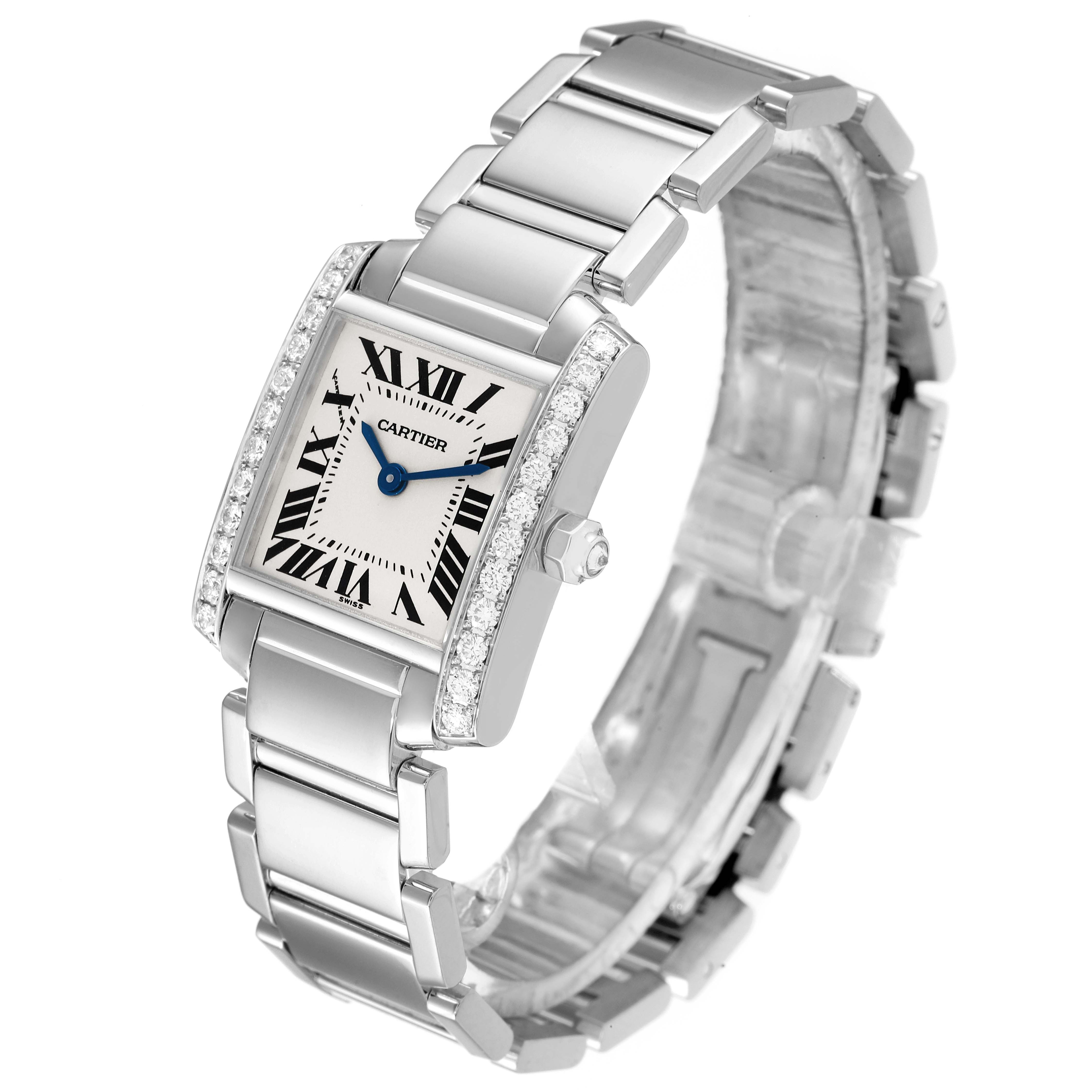 The Cartier Tank Française watch is shown at a three-quarter view, highlighting its rectangular face, bracelet, and diamond bezel.
