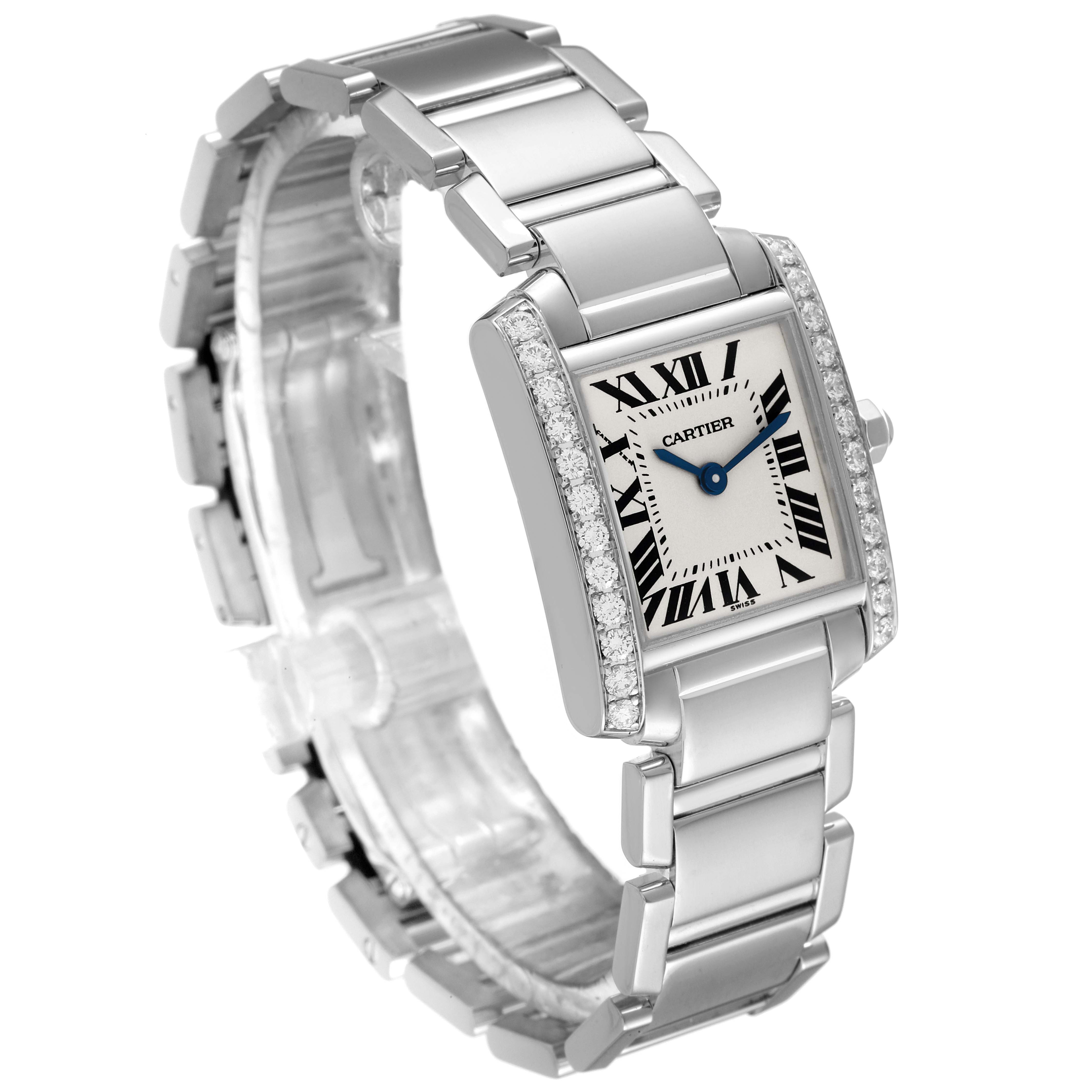 The Cartier Tank Francaise WE1002S3 Women's White Gold Silver Dial WE1002S3 Women's White Gold Silver Dial watch is shown at a slight angle, displaying the face, band, and side details.