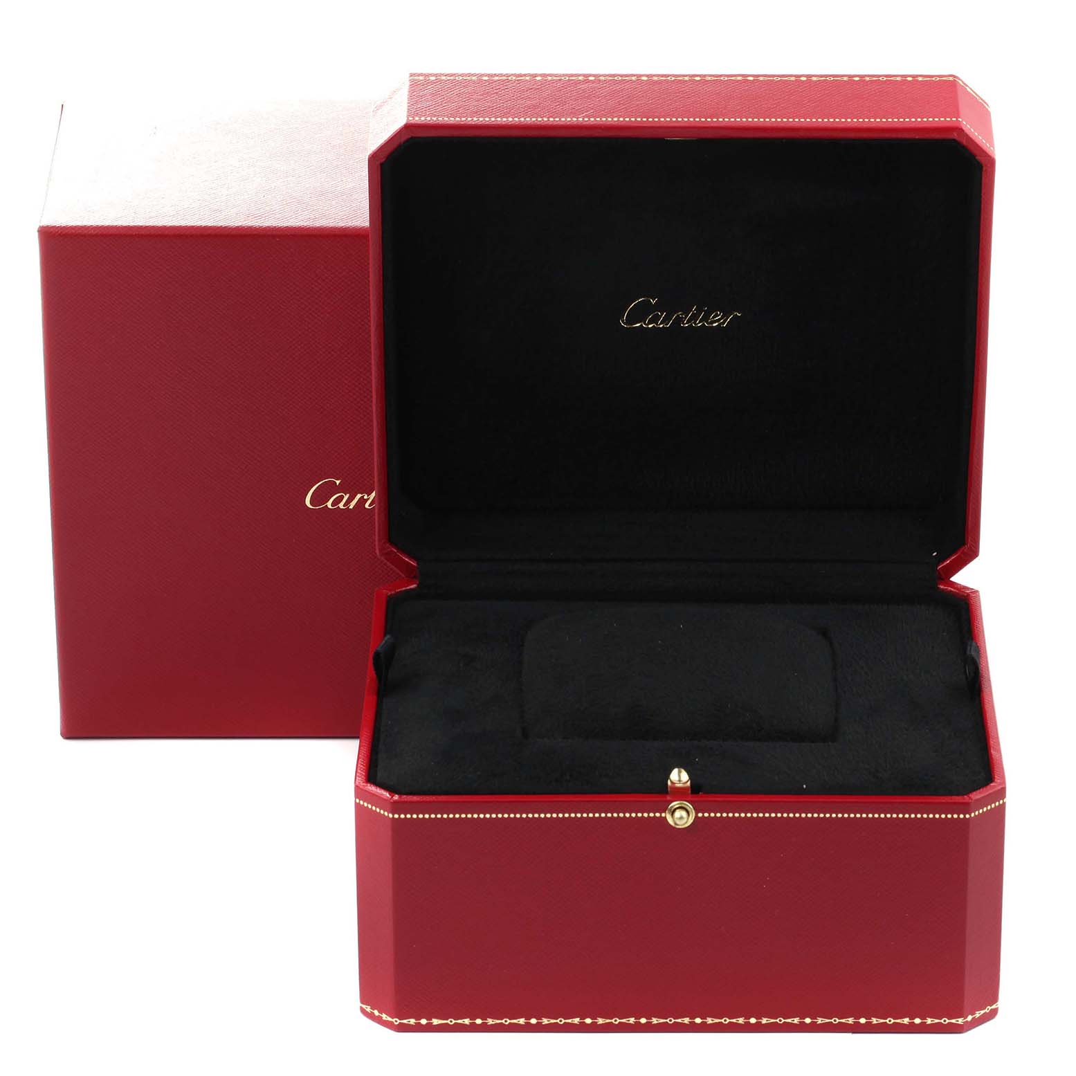 The image shows an open red Cartier box for the Tank Francaise model watch, revealing a black velvet interior.