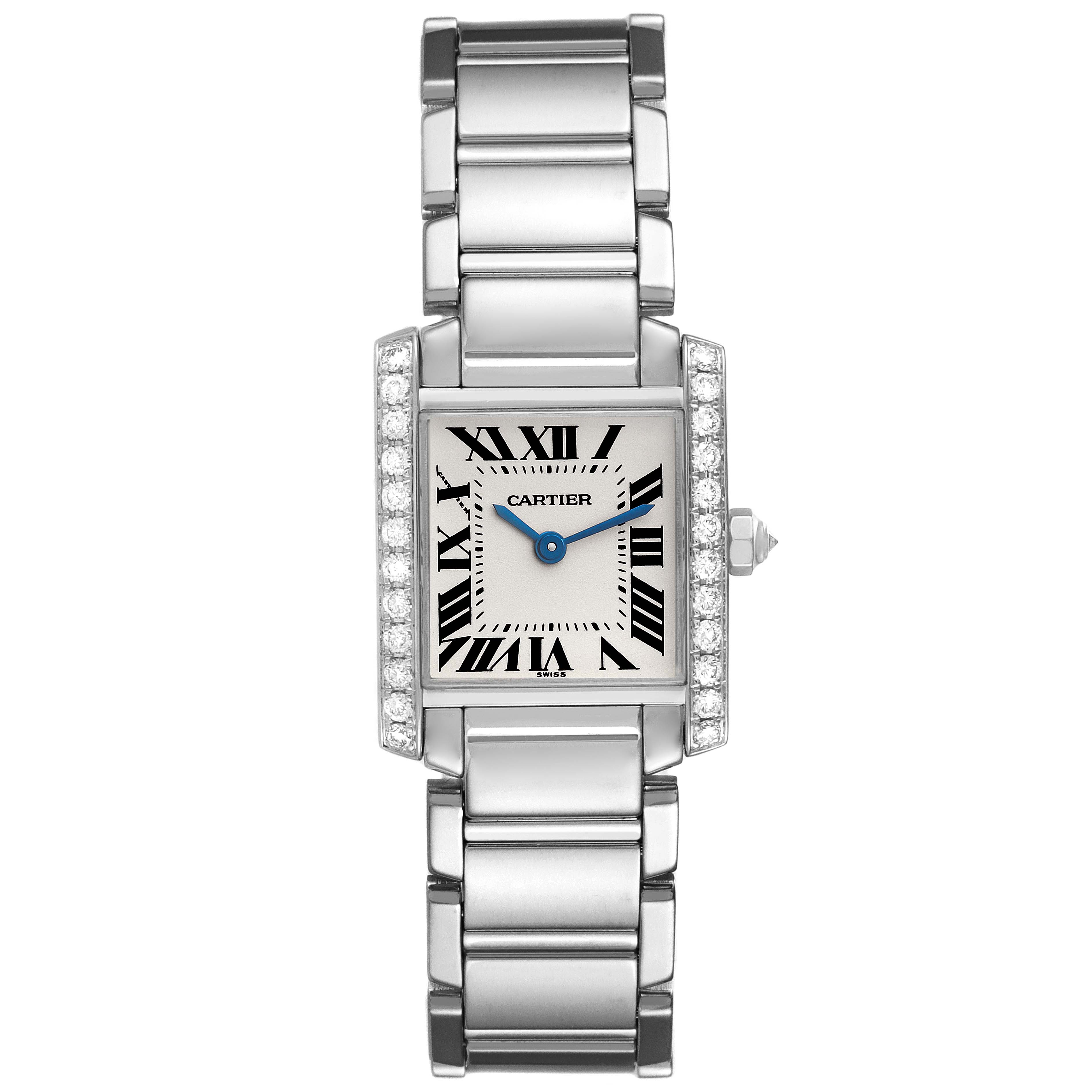 The Cartier Tank Francaise WE1002S3 Women's White Gold Silver Dial WE1002S3 Women's White Gold Silver Dial watch is shown from a top-down angle, displaying the face, bracelet, and diamond accents.