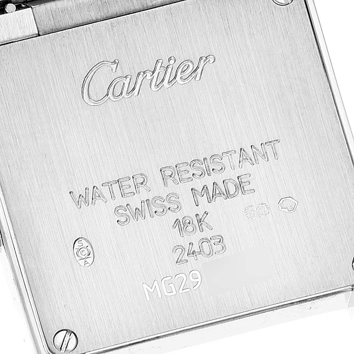The image shows the back case of the Cartier Tank Francaise WE1002S3 Women's White Gold Silver Dial WE1002S3 Women's White Gold Silver Dial watch, featuring engraving details.