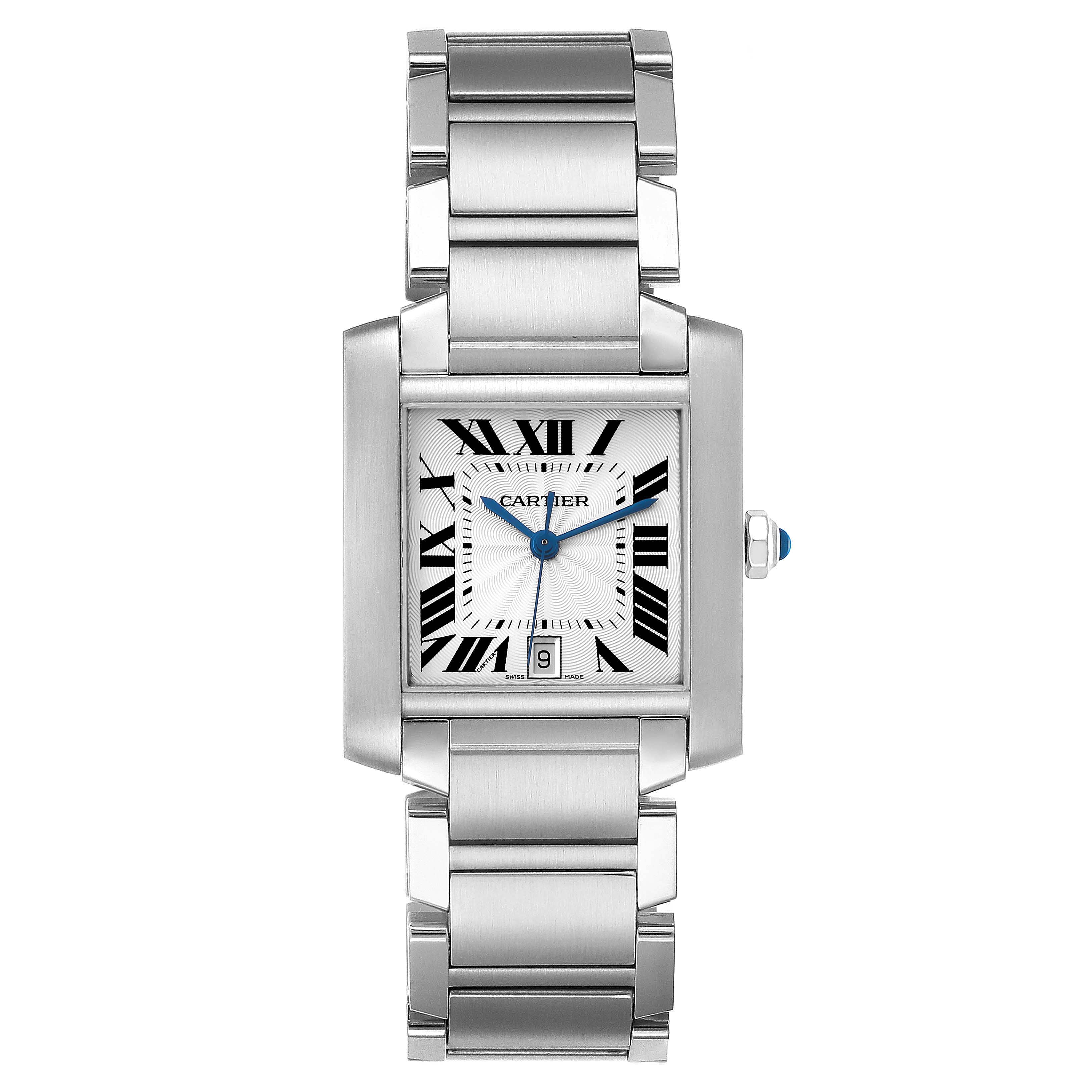 The Cartier Tank Francaise W51002Q3 Men's Stainless Steel Silver Dial W51002Q3 Men's Stainless Steel Silver Dial watch is shown from a front angle, displaying its face, bracelet, and crown.