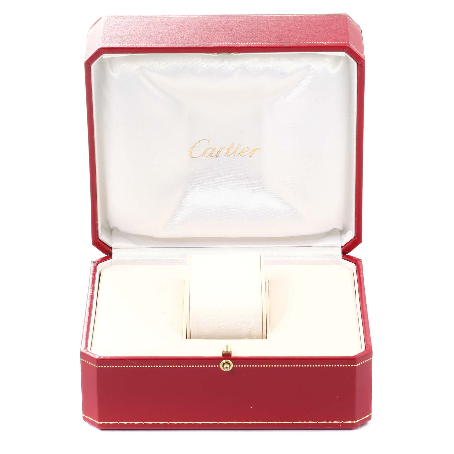 The image shows the open red Cartier box for the Tank Française model, with the interior cushion and "Cartier" branding visible.