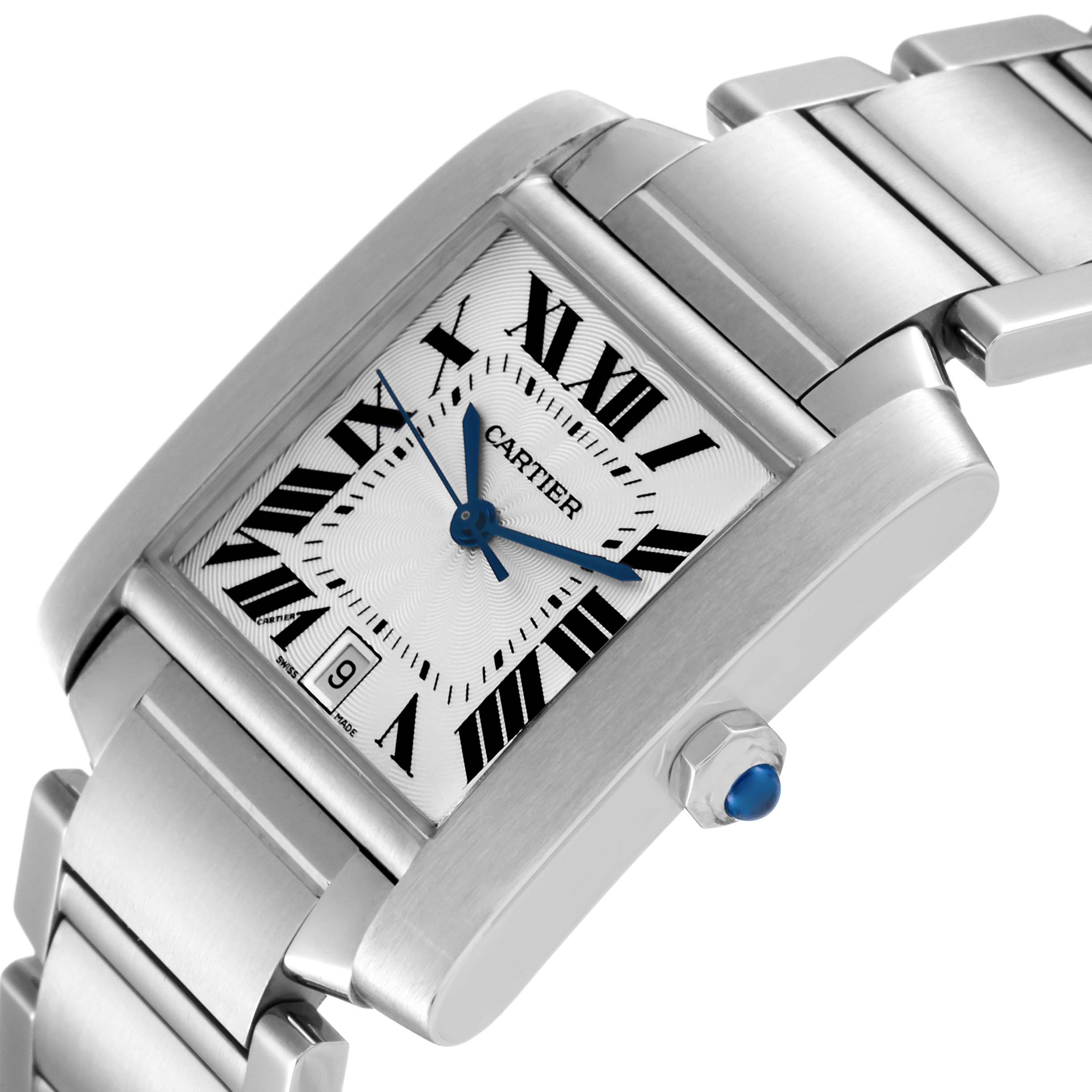 The image shows a close-up angled view of the Cartier Tank Francaise W51002Q3 Men's Stainless Steel Silver Dial W51002Q3 Men's Stainless Steel Silver Dial watch, highlighting the face, bracelet, and crown with a blue cabochon.