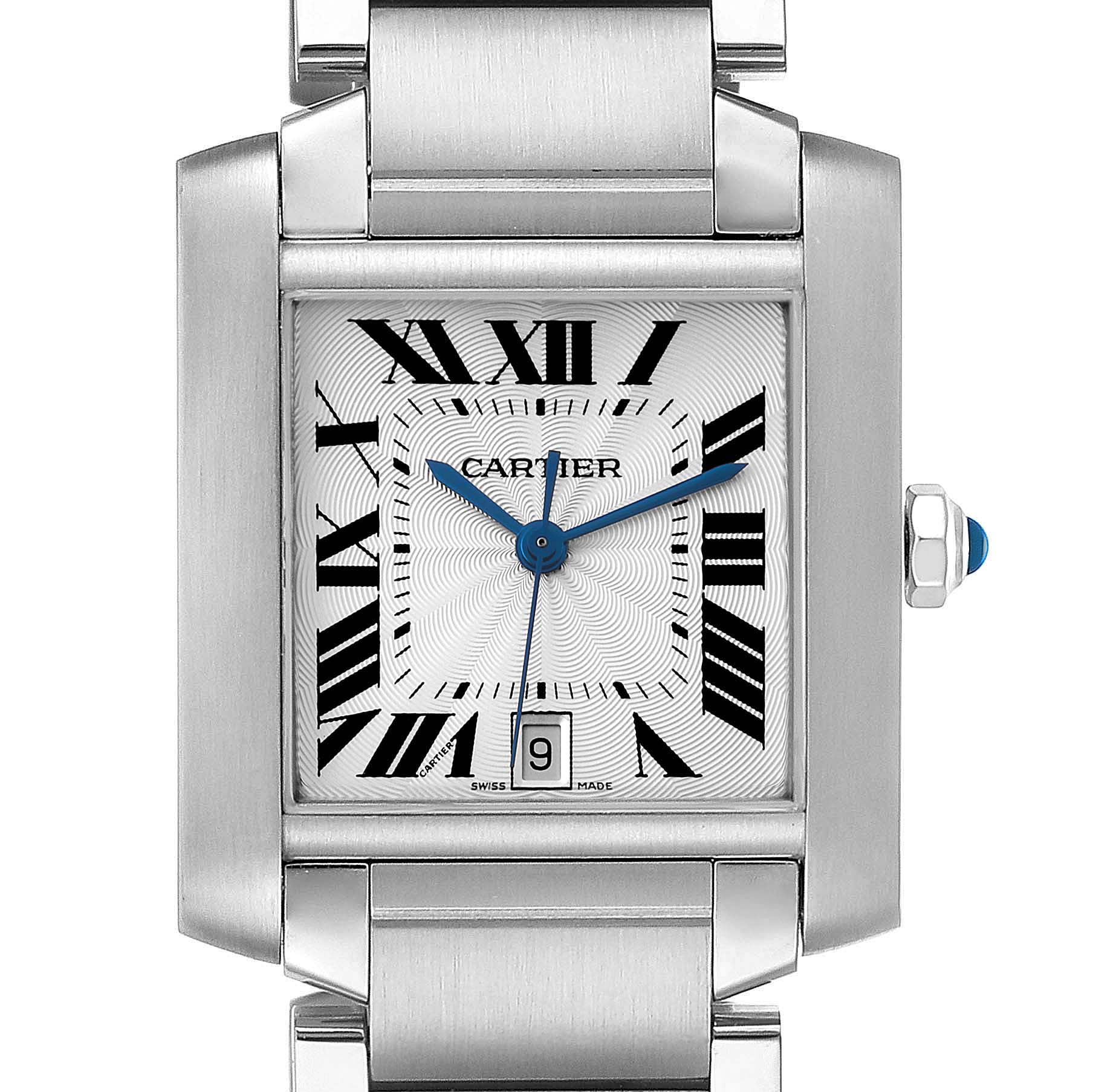The image shows a frontal view of the Cartier Tank Francaise W51002Q3 Men's Stainless Steel Silver Dial W51002Q3 Men's Stainless Steel Silver Dial watch, highlighting the square case, Roman numerals, and three-link bracelet.