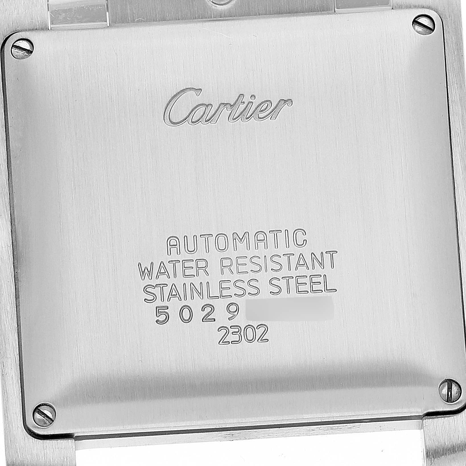 The image shows the back case of a Cartier Tank Francaise W51002Q3 Men's Stainless Steel Silver Dial W51002Q3 Men's Stainless Steel Silver Dial watch, highlighting its stainless steel material and water resistance.