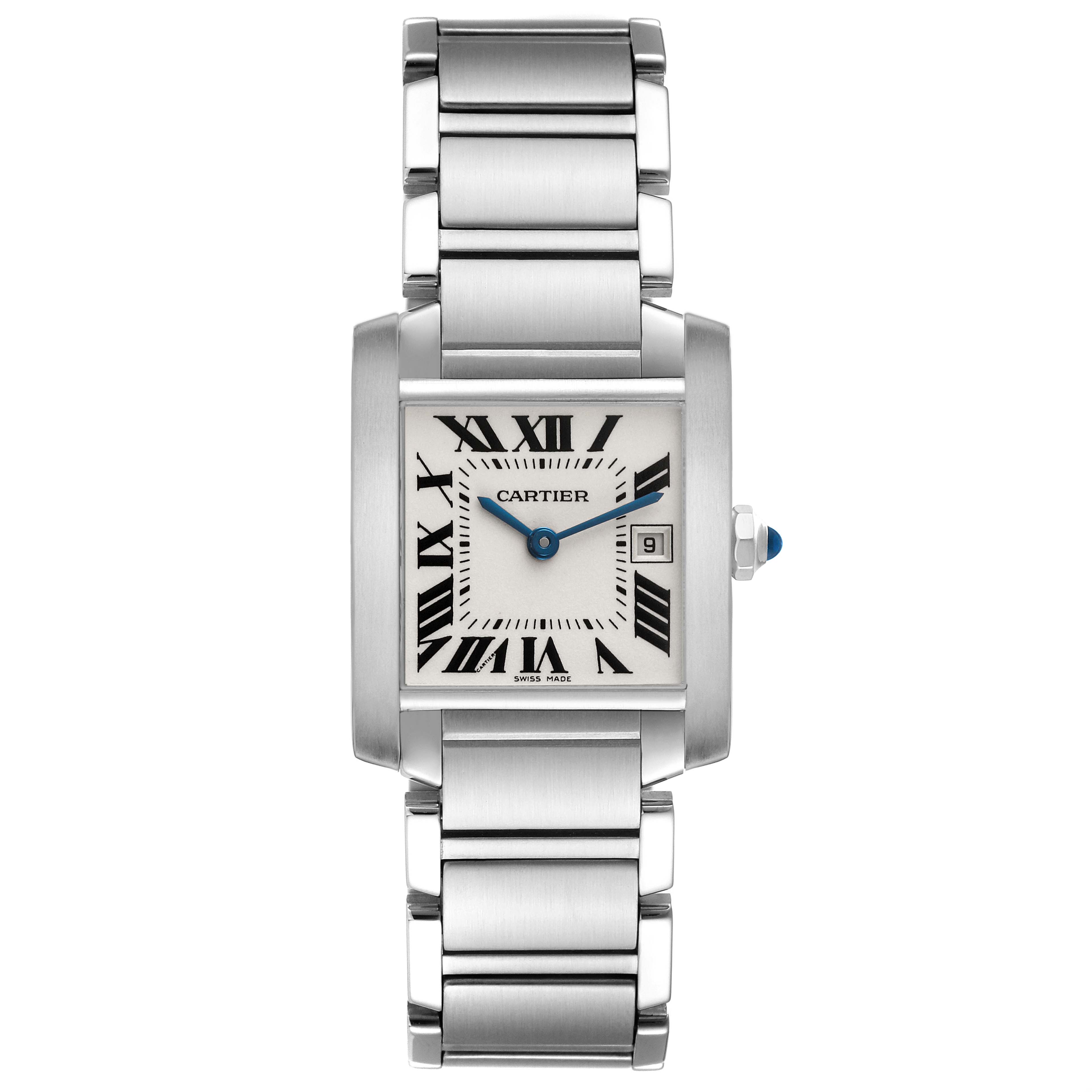 The Cartier Tank Française watch is shown from a front angle, displaying its rectangular face, Roman numerals, and stainless steel bracelet.