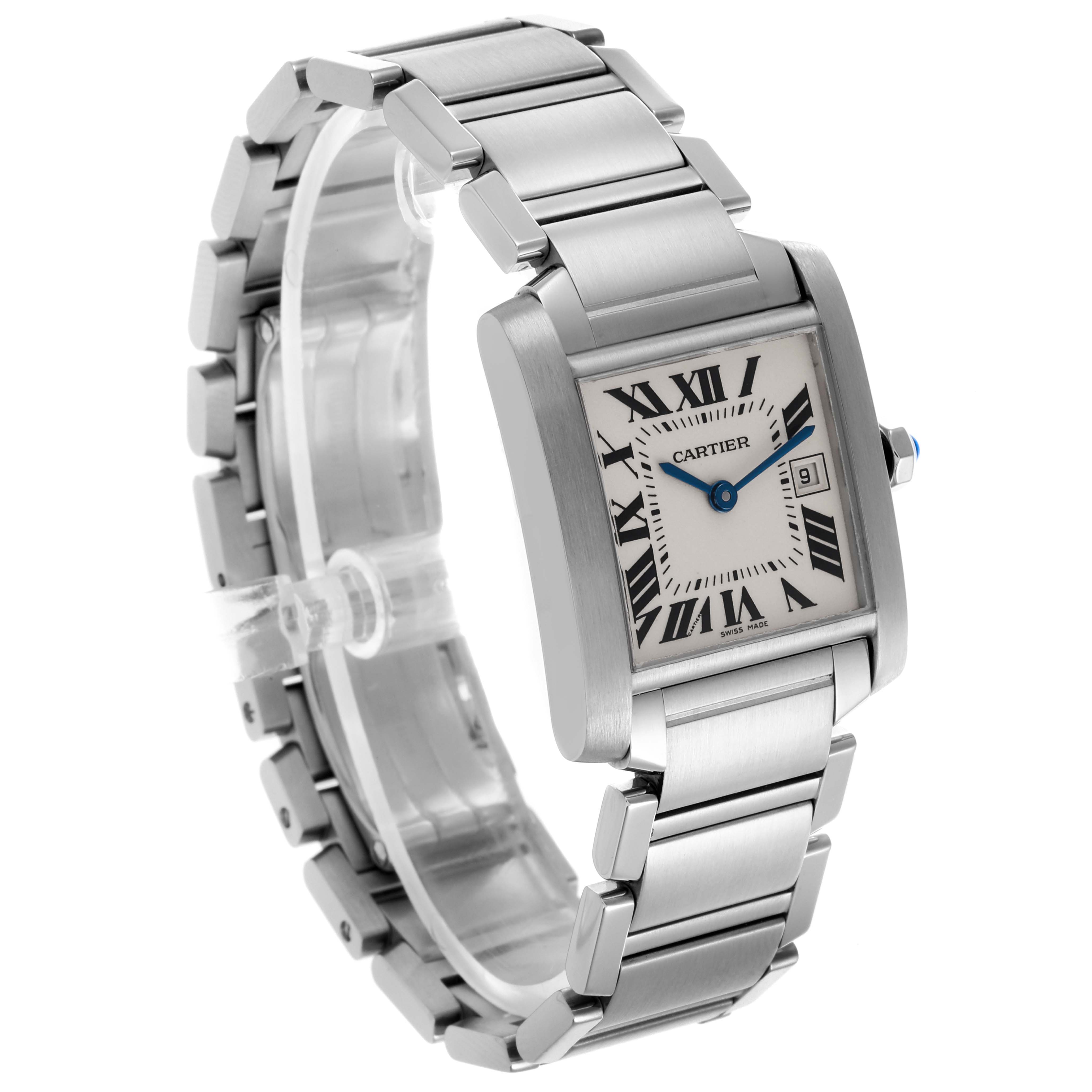 The Cartier Tank Francaise W51011Q3 Women's Stainless Steel Silver Dial W51011Q3 Women's Stainless Steel Silver Dial watch is shown at a three-quarter angle, displaying its face, bracelet, and side profile.