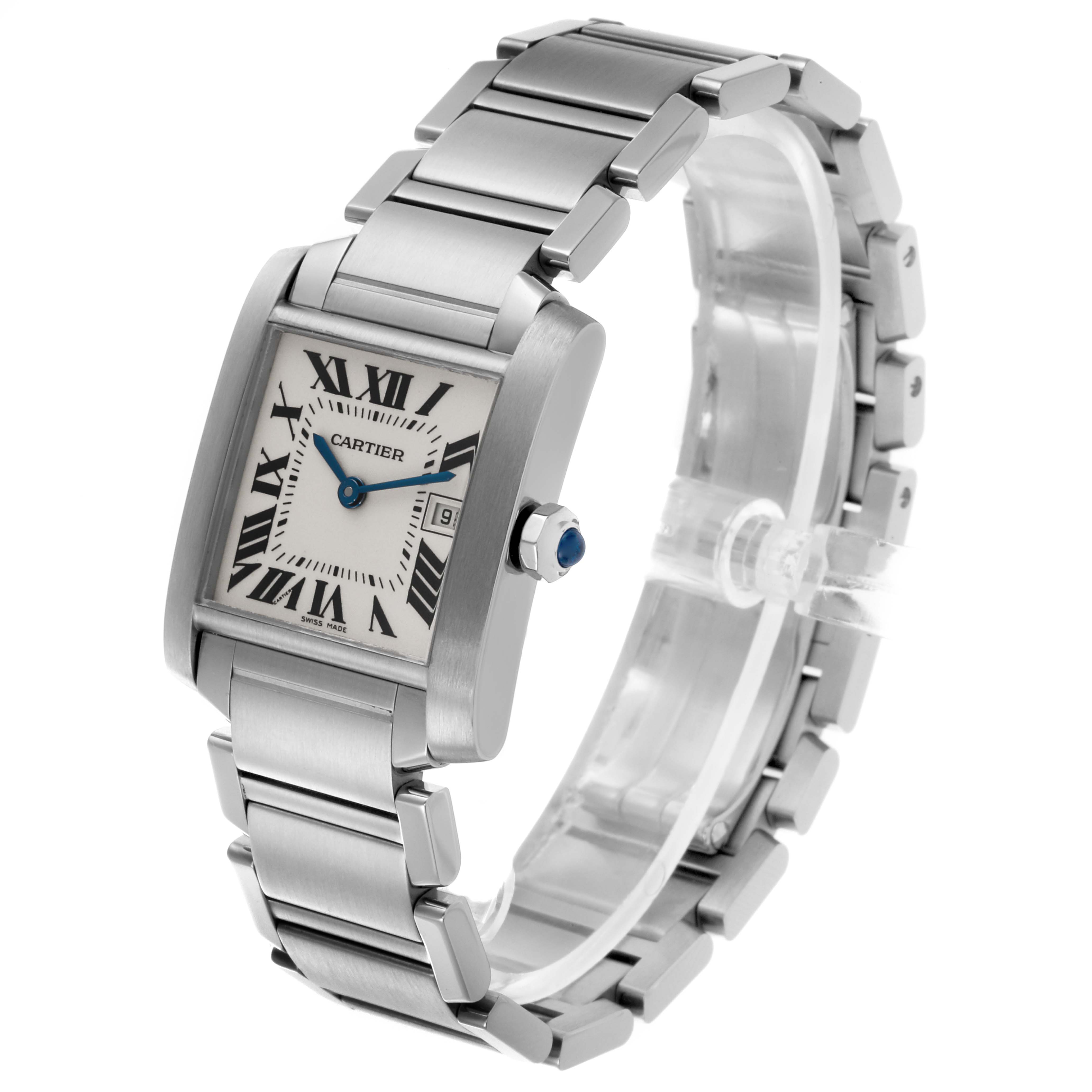 The Cartier Tank Française watch is shown at an angle highlighting the face, crown, and part of the metal bracelet.