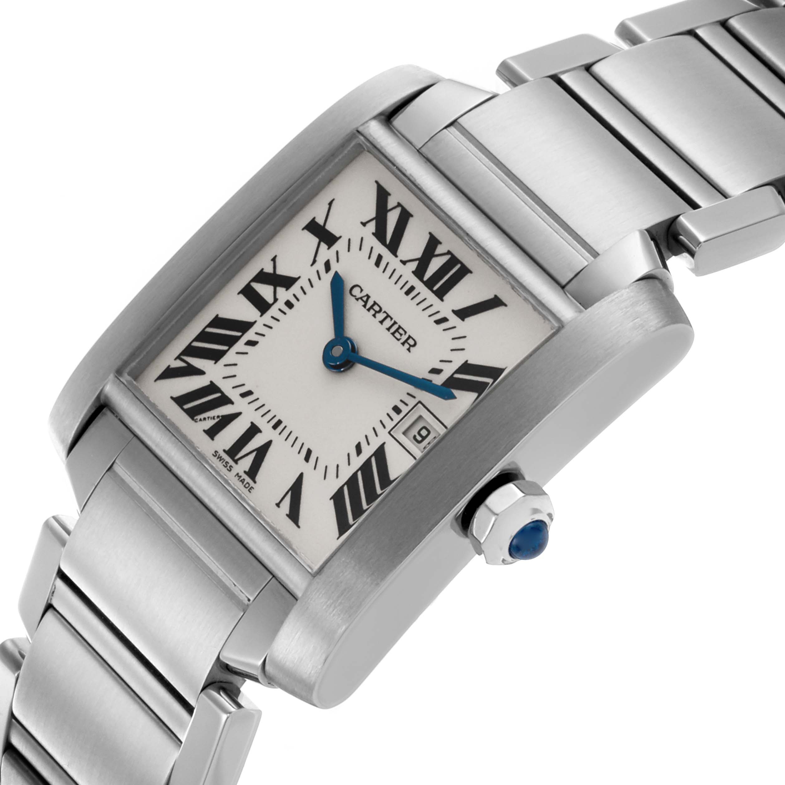 The image shows the Cartier Tank Française watch at a tilted angle, highlighting the face, crown, and part of the bracelet.