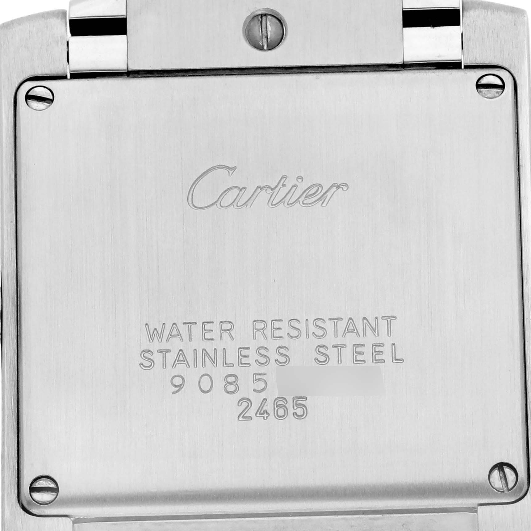 The image shows the back case of a Cartier Tank Francaise W51011Q3 Women's Stainless Steel Silver Dial W51011Q3 Women's Stainless Steel Silver Dial, noting its stainless steel and water resistance.