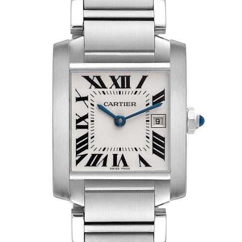 The Cartier Tank Francaise watch is shown from a front angle, highlighting the dial, Roman numerals, and metal bracelet.