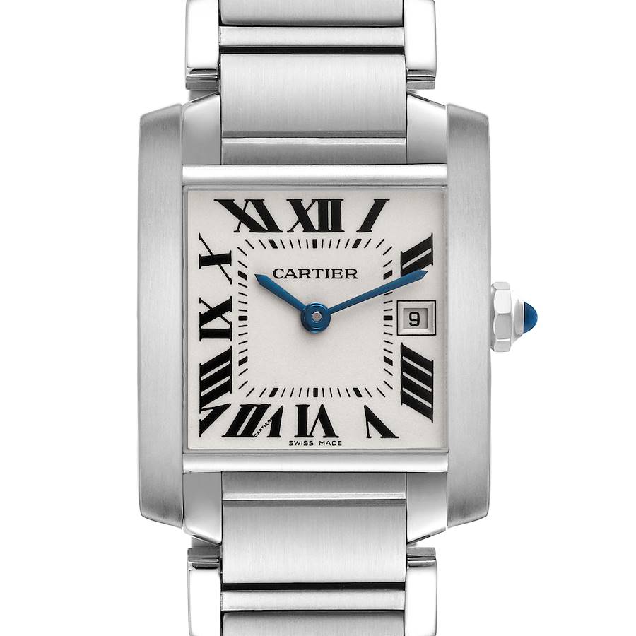 The image shows a front view of the Cartier Tank Française, highlighting the dial, case, crown, and bracelet.