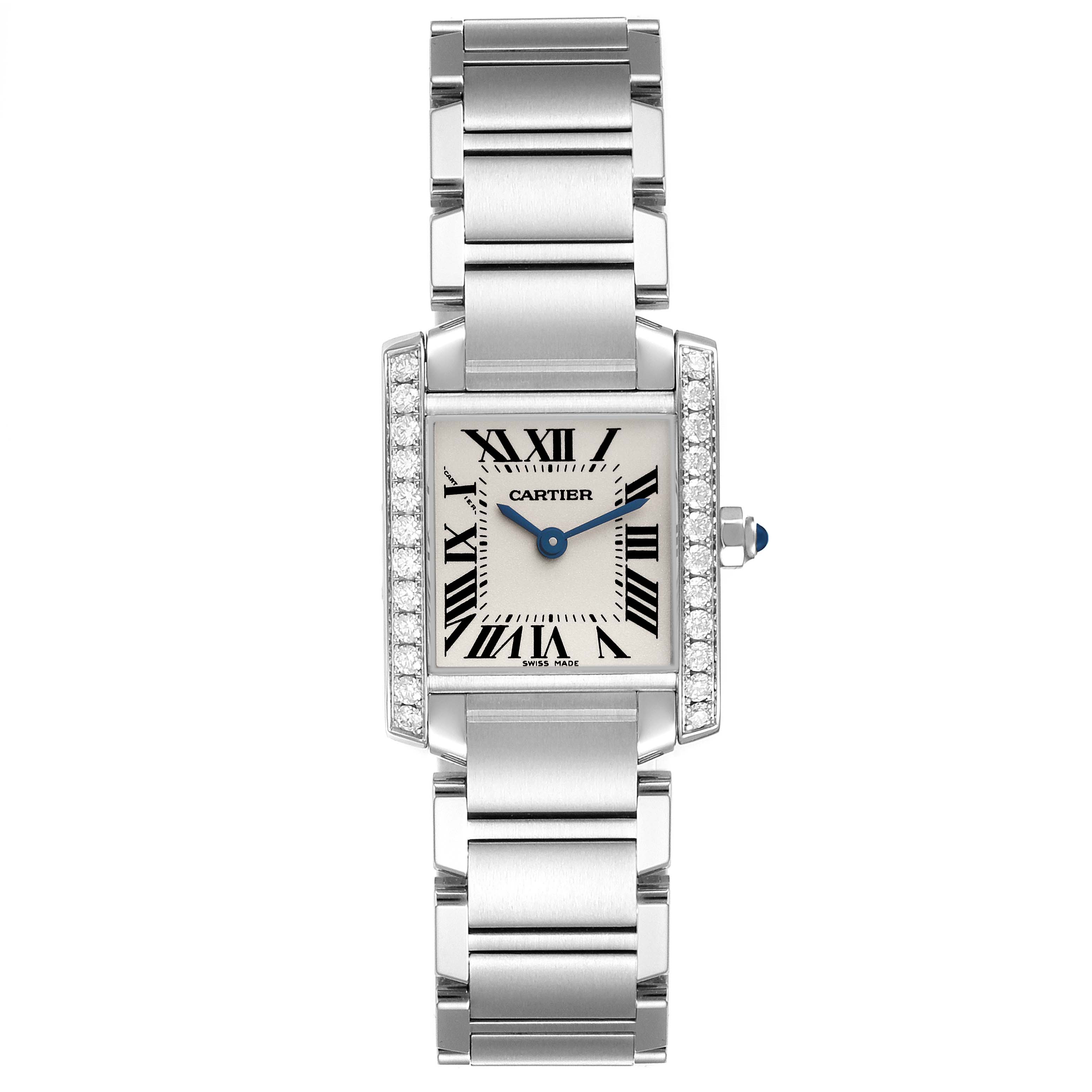 The Cartier Tank Française watch is shown from the front, displaying the face, bracelet, and crown.