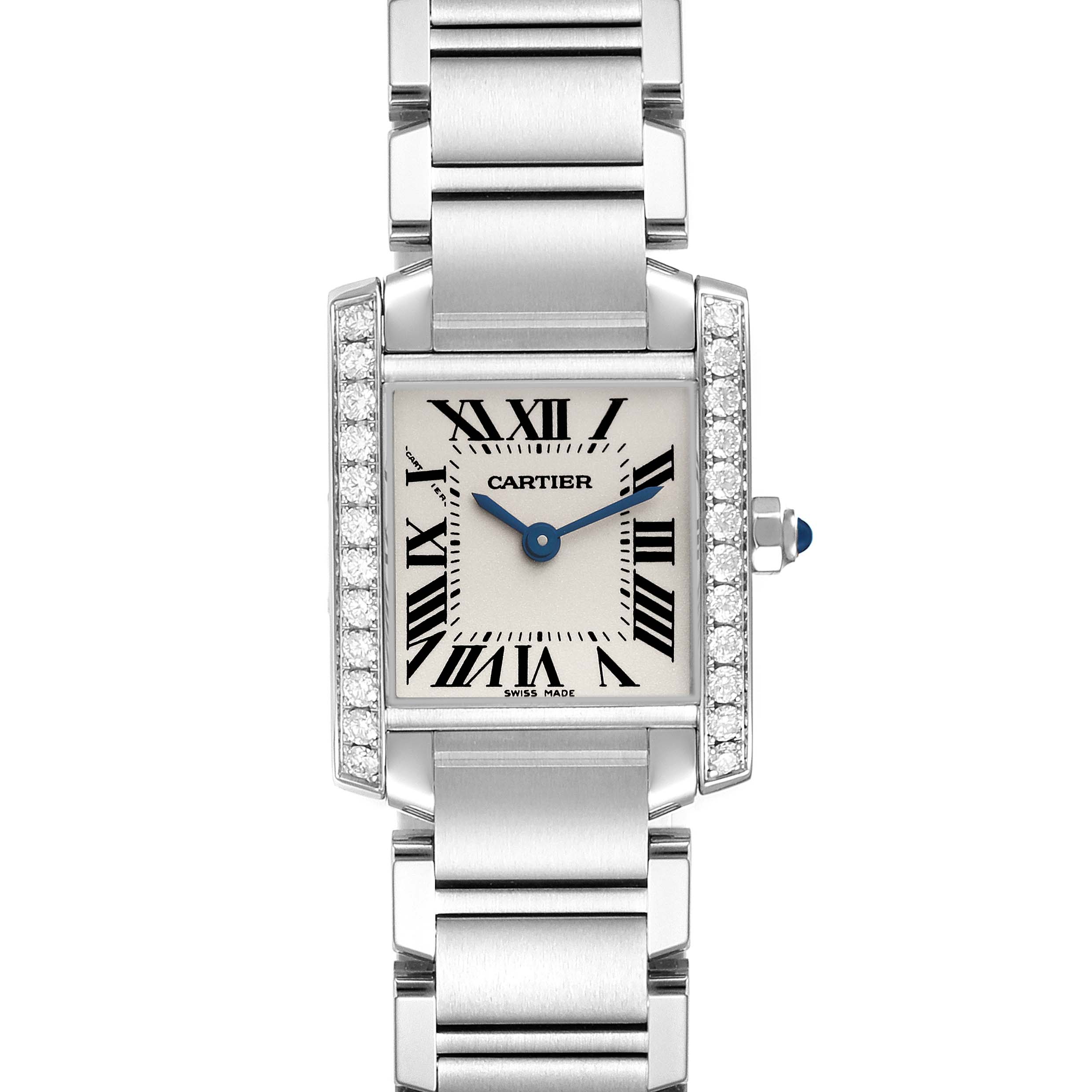 The Cartier Tank Francaise W4TA0008 Women
s Stainless Steel Silver Dial W4TA0008 Women
s Stainless Steel Silver Dial watch is shown from a front angle, highlighting the face and bracelet.