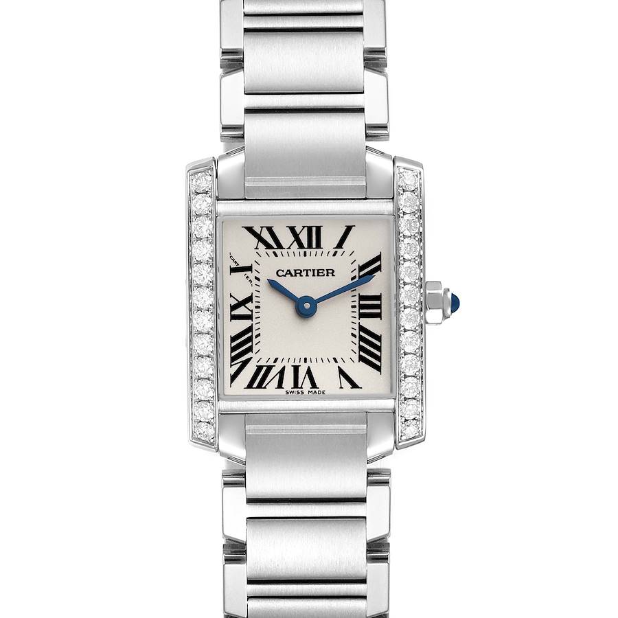 The Cartier Tank Francaise watch is shown from a front angle, highlighting the face and bracelet.