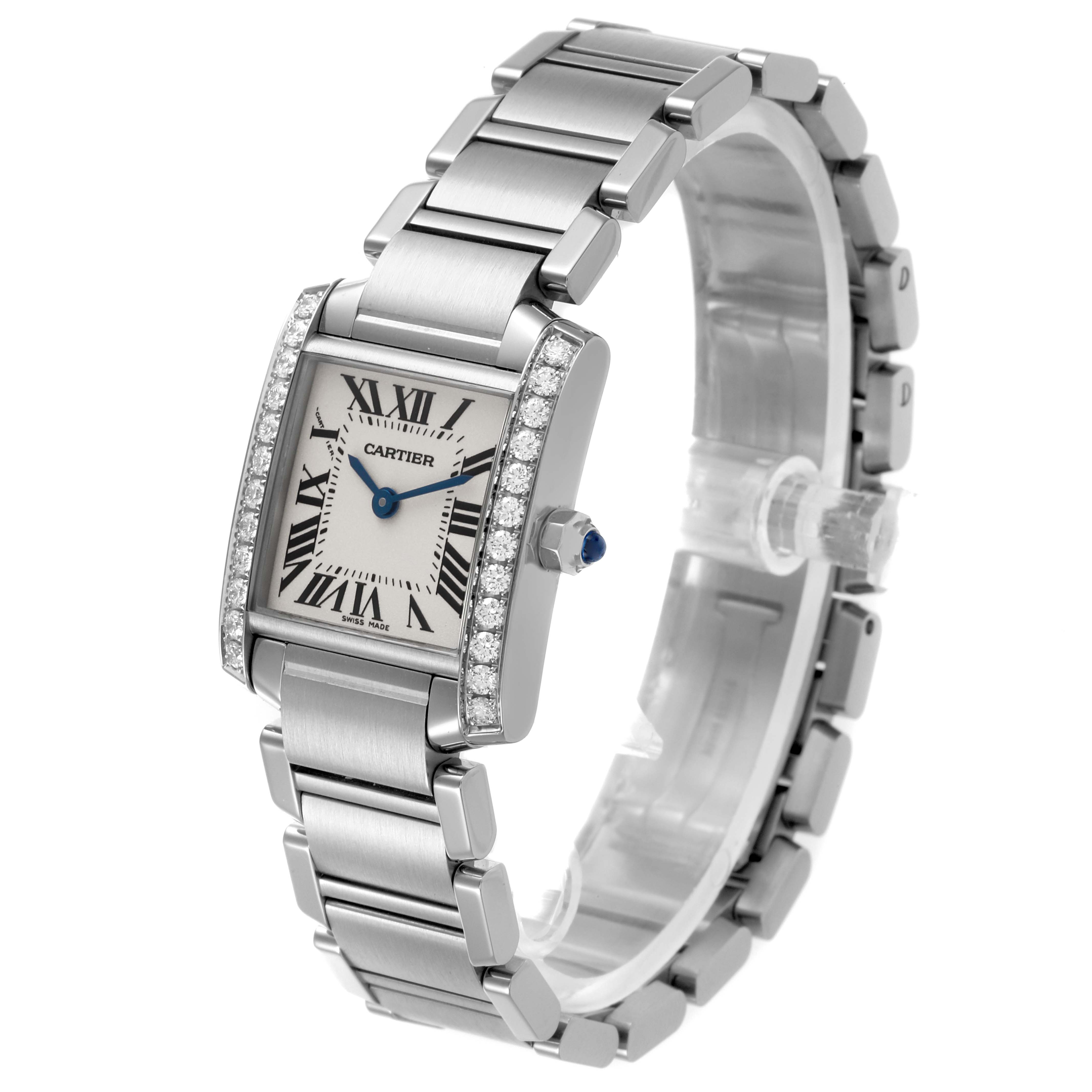 The image shows the Cartier Tank Française watch at a three-quarter angle, highlighting the face, dial, and bracelet.