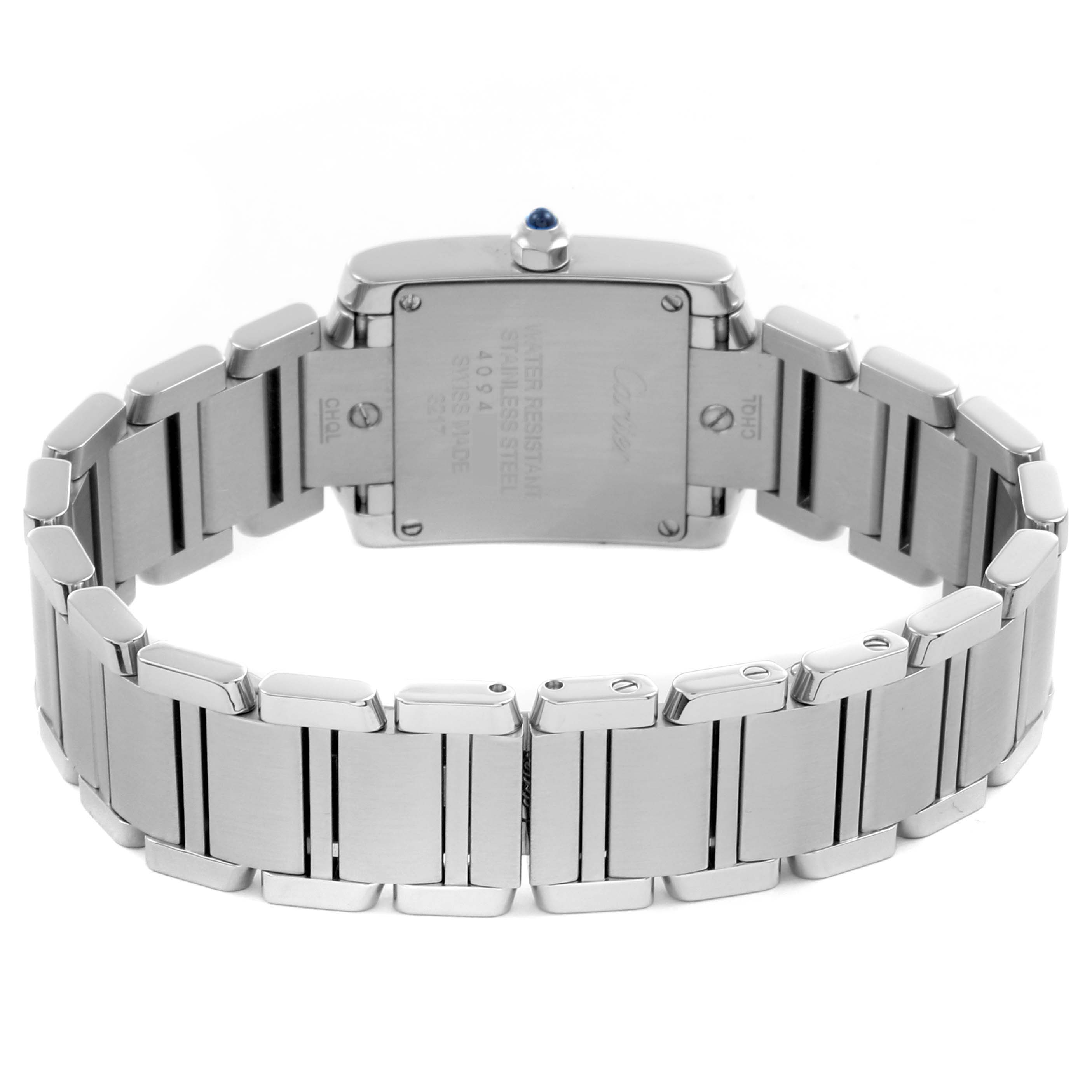 The watch is shown from the back, highlighting the stainless steel bracelet and case of the Cartier Tank Française model.