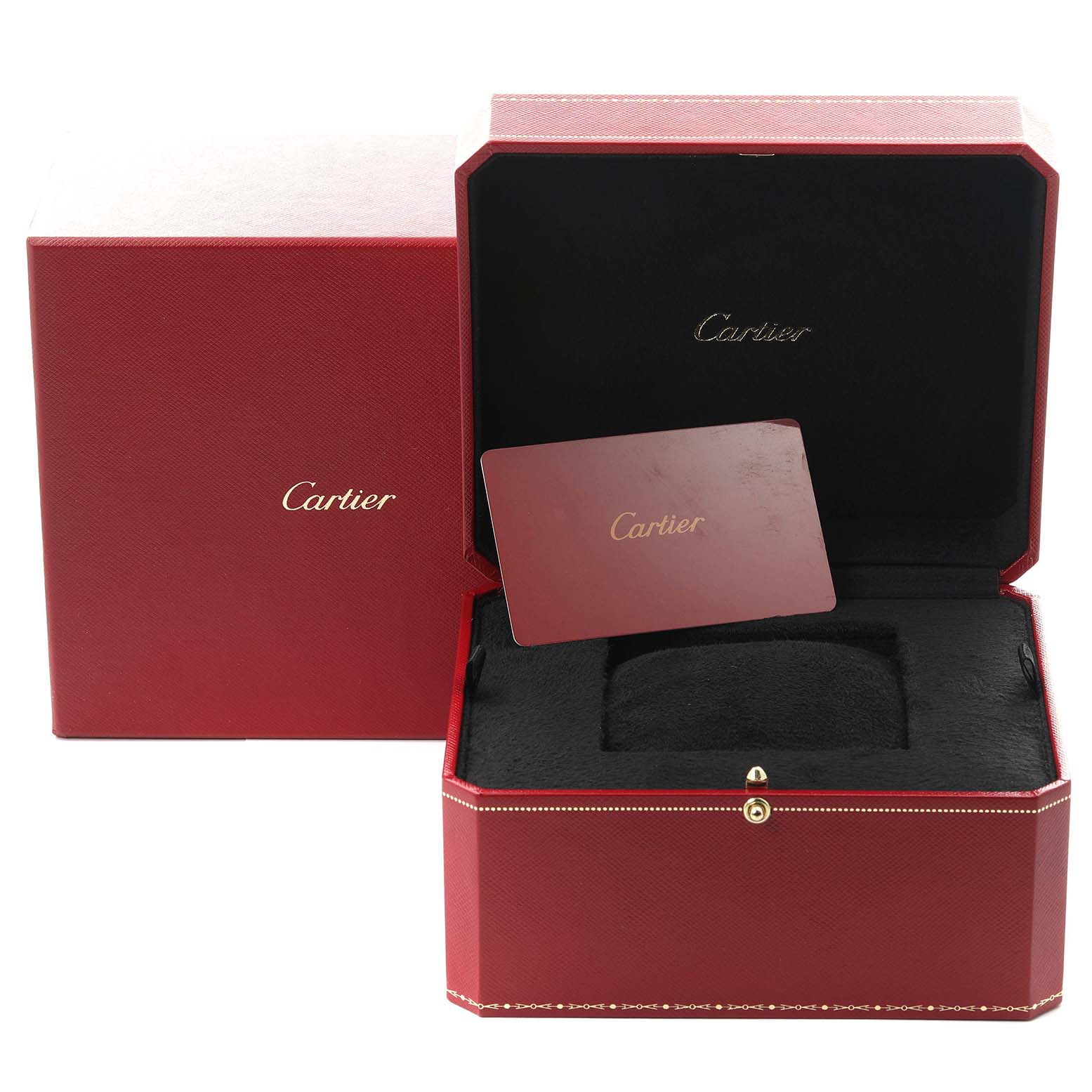 The image shows a Cartier Tank Francaise W4TA0008 Women
s Stainless Steel Silver Dial W4TA0008 Women
s Stainless Steel Silver Dial watch box and card, without the watch inside.
