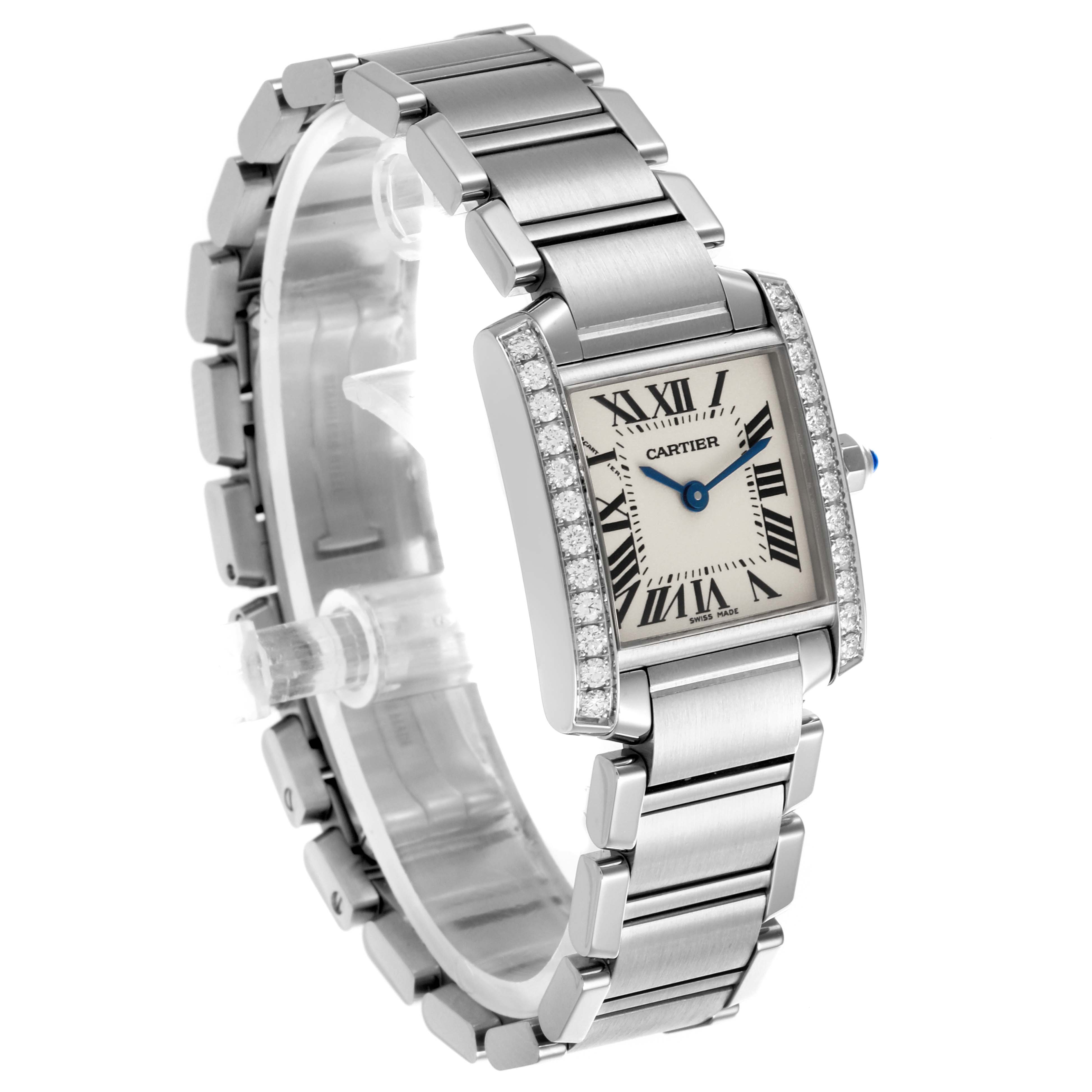 The Cartier Tank Francaise W4TA0008 Women
s Stainless Steel Silver Dial W4TA0008 Women
s Stainless Steel Silver Dial watch is shown at a three-quarter angle, highlighting its bracelet, case, and diamond bezel.