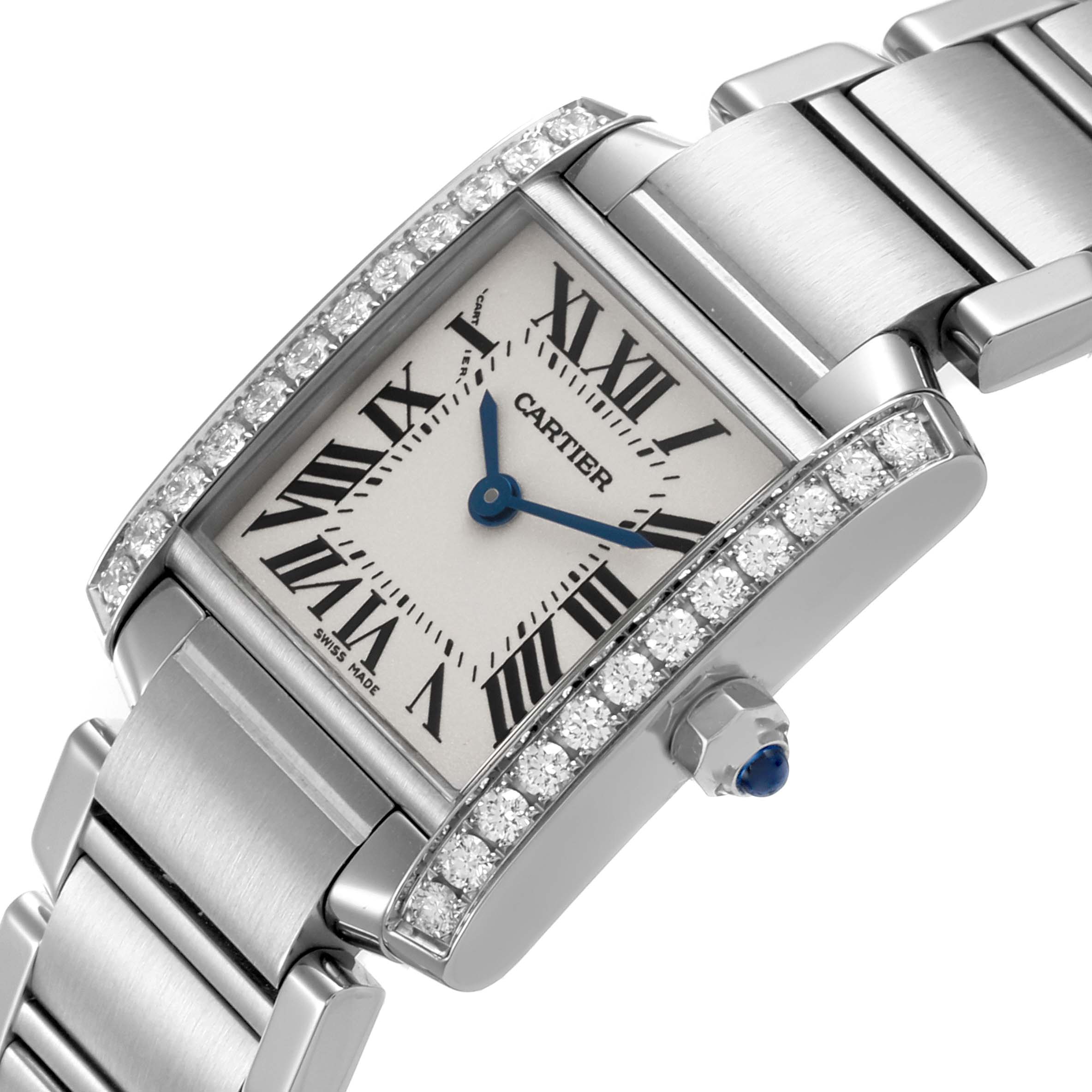 The Cartier Tank Française is shown at an angled close-up, highlighting the diamond bezel, dial, crown, and part of the bracelet.