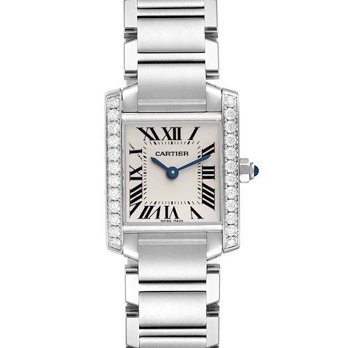 The Cartier Tank Française watch is shown from a front angle, displaying its face, bracelet, and jewel-accented bezel.