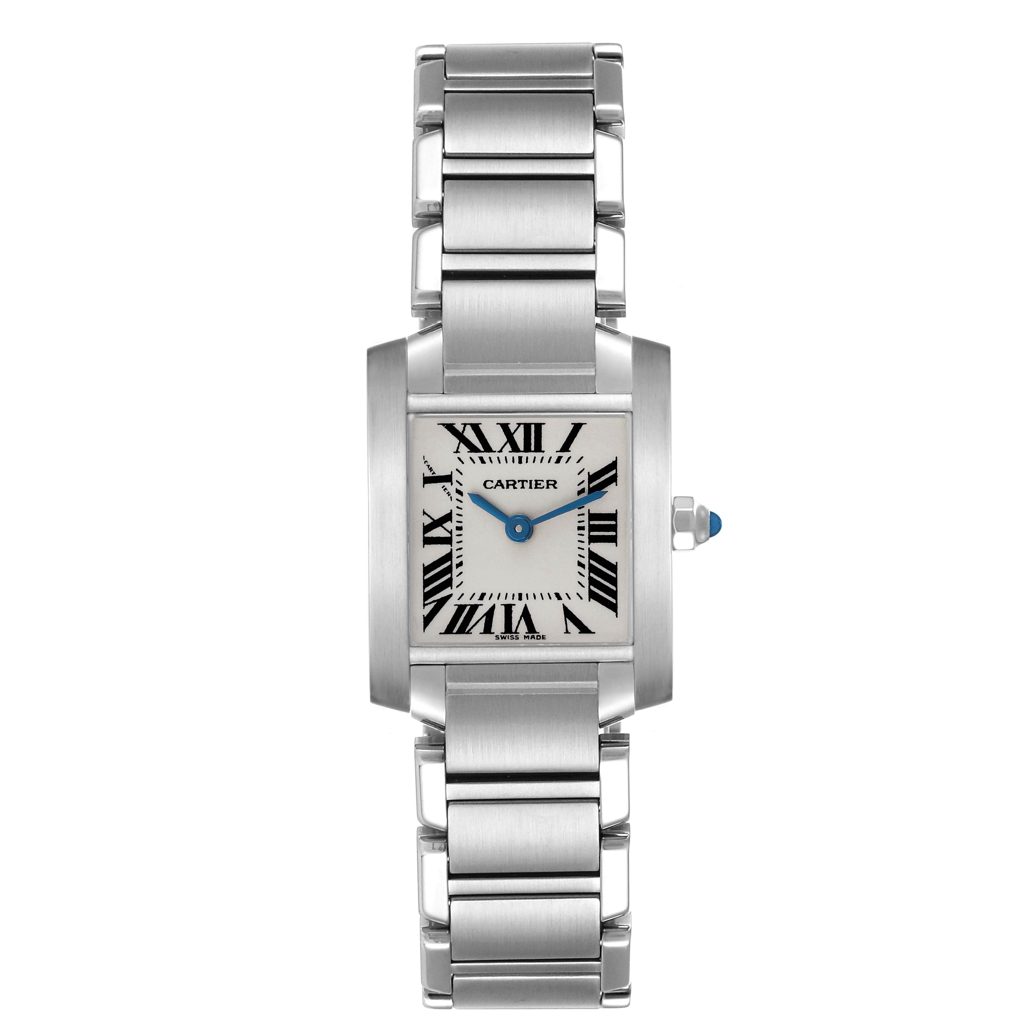 The Cartier Tank Francaise W51008Q3 Women's Stainless Steel Silver Dial W51008Q3 Women's Stainless Steel Silver Dial watch is shown from a front angle, displaying the face and metal bracelet fully.
