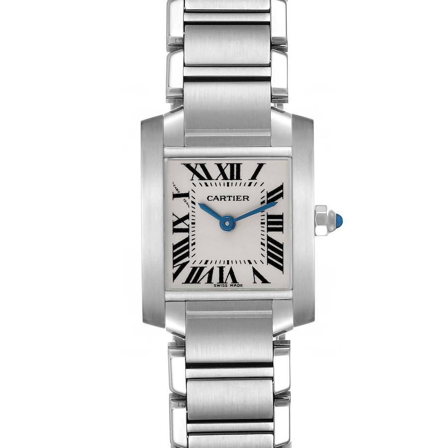 The Cartier Tank Française watch is shown from the front, highlighting the dial and bracelet.