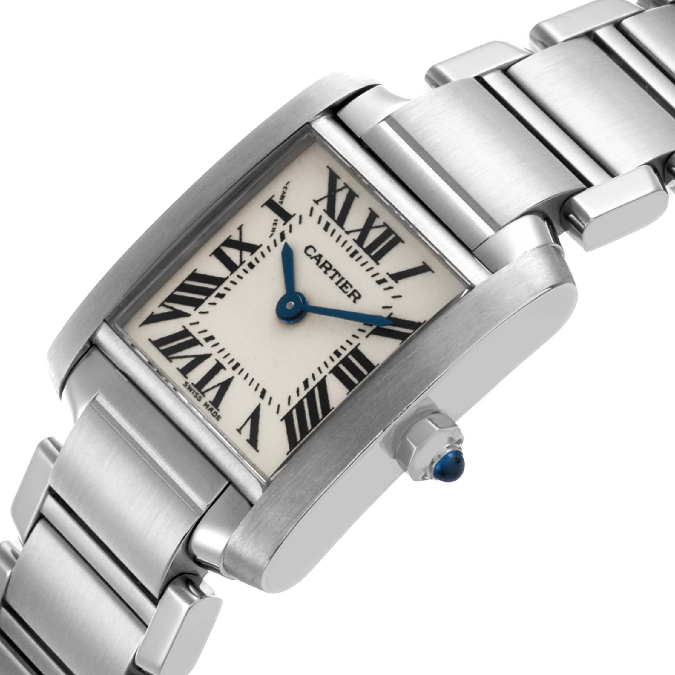 The Cartier Tank Française watch is shown at an angle highlighting the face, crown, and metal bracelet.