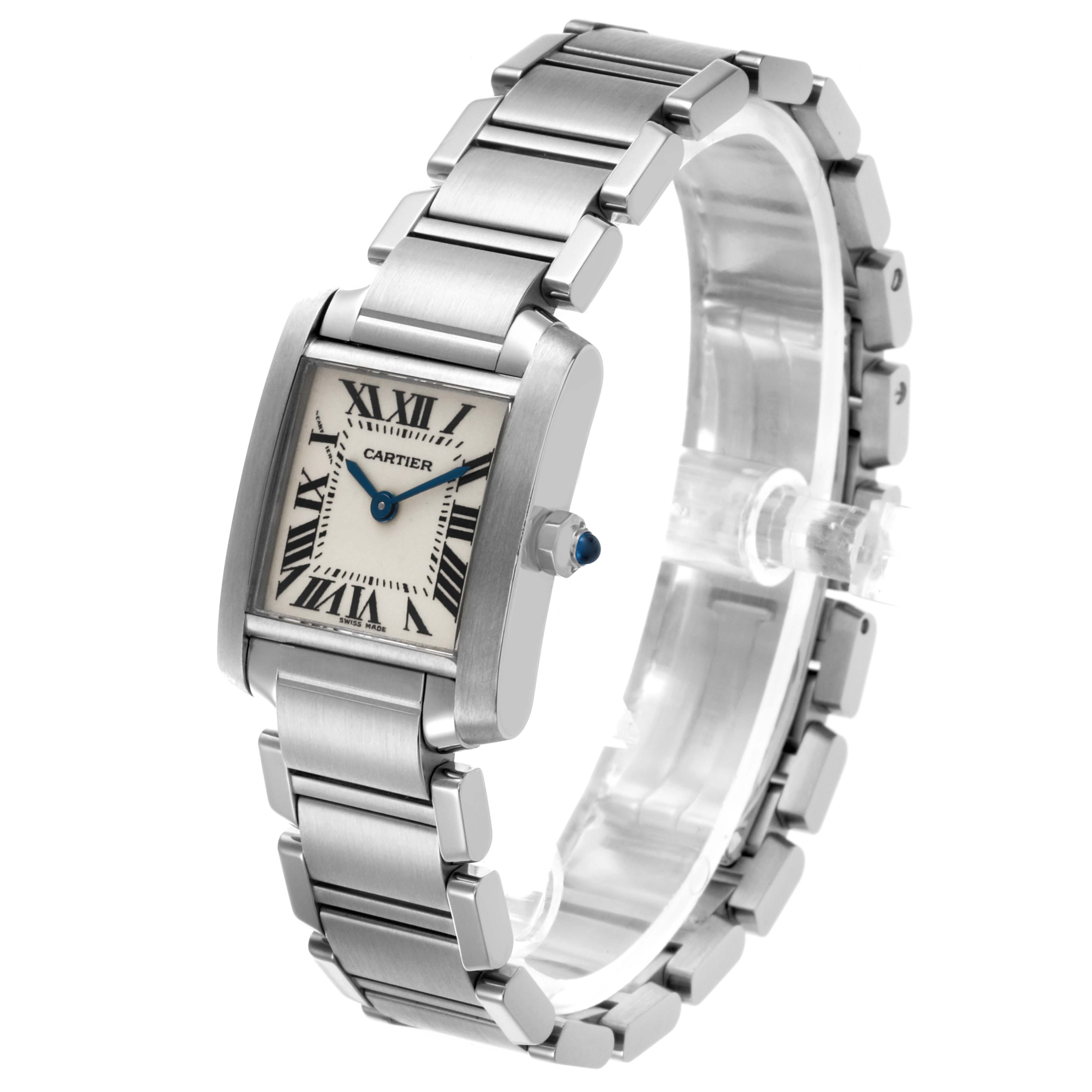 The Cartier Tank Française watch is shown at a three-quarter angle, revealing the face, bracelet, and side crown detail.