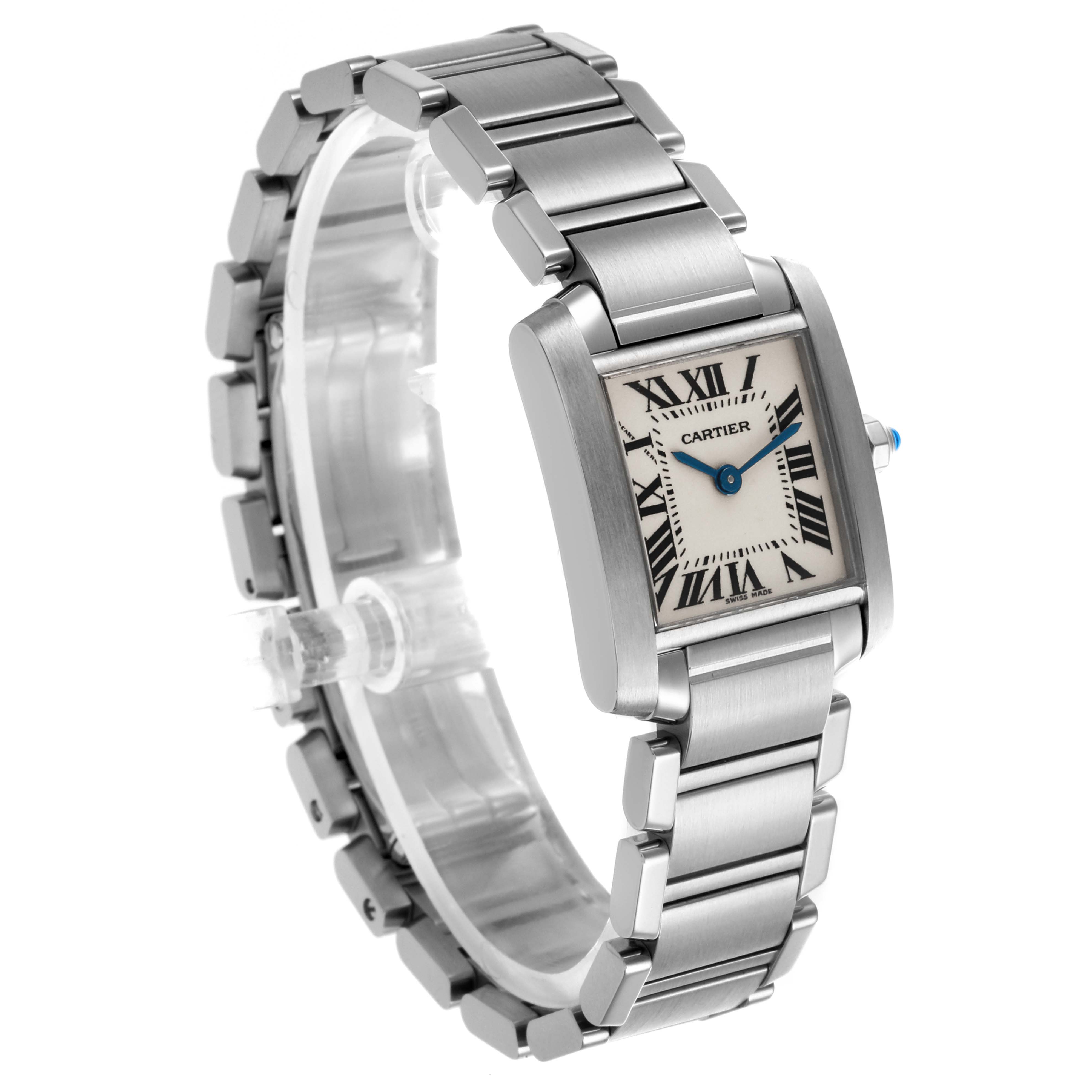The Cartier Tank Francaise W51008Q3 Women's Stainless Steel Silver Dial W51008Q3 Women's Stainless Steel Silver Dial watch is shown from a three-quarter angle, highlighting the face and bracelet.
