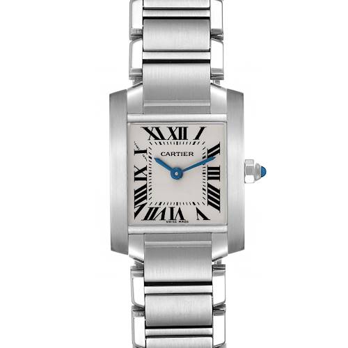 The Cartier Tank Française watch is shown from a front angle, highlighting the face, bracelet, and crown.