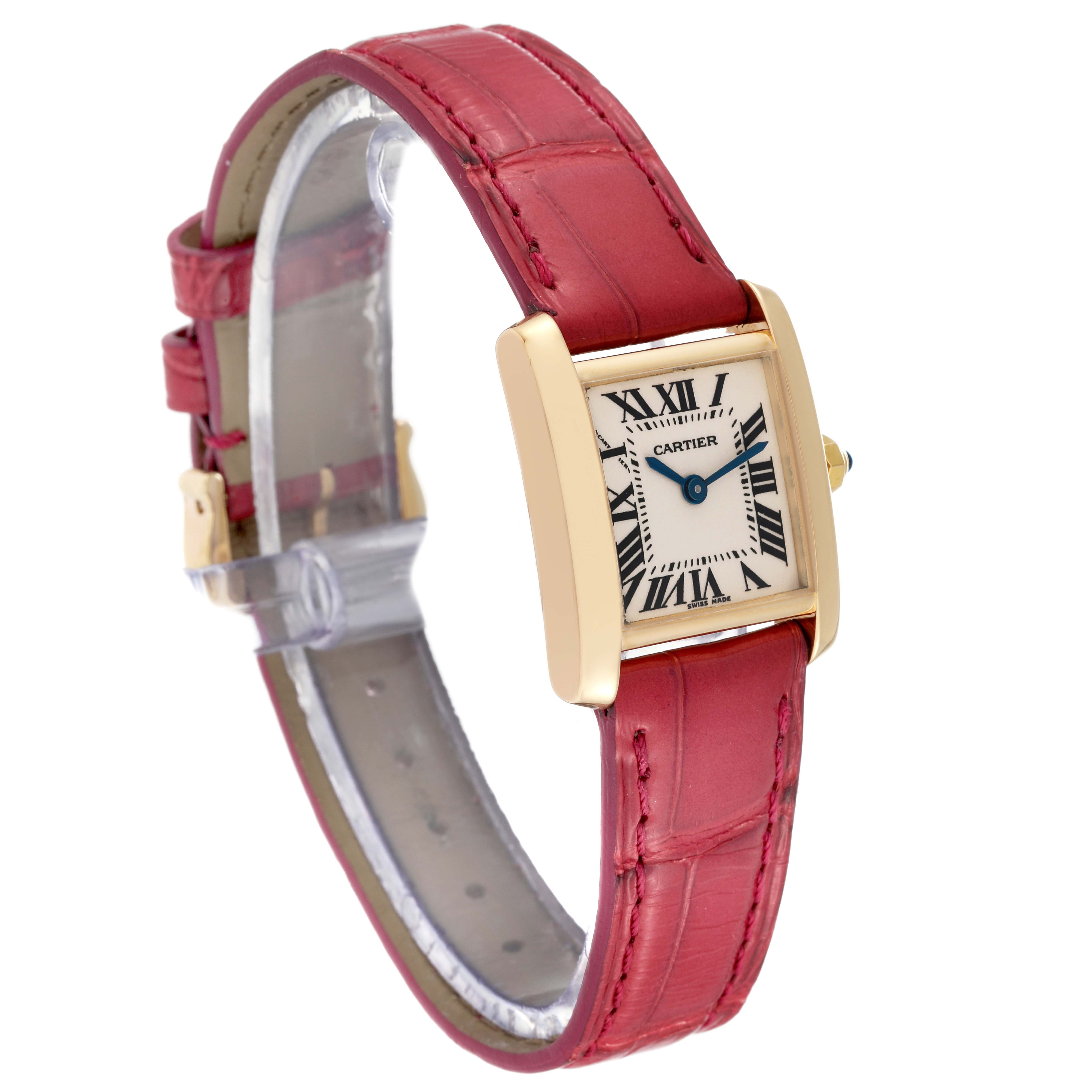 The Cartier Tank Francaise W5000256 Women
s Yellow Gold Silver Dial W5000256 Women
s Yellow Gold Silver Dial watch is shown at a slight angle, displaying its face, case, and red leather strap.