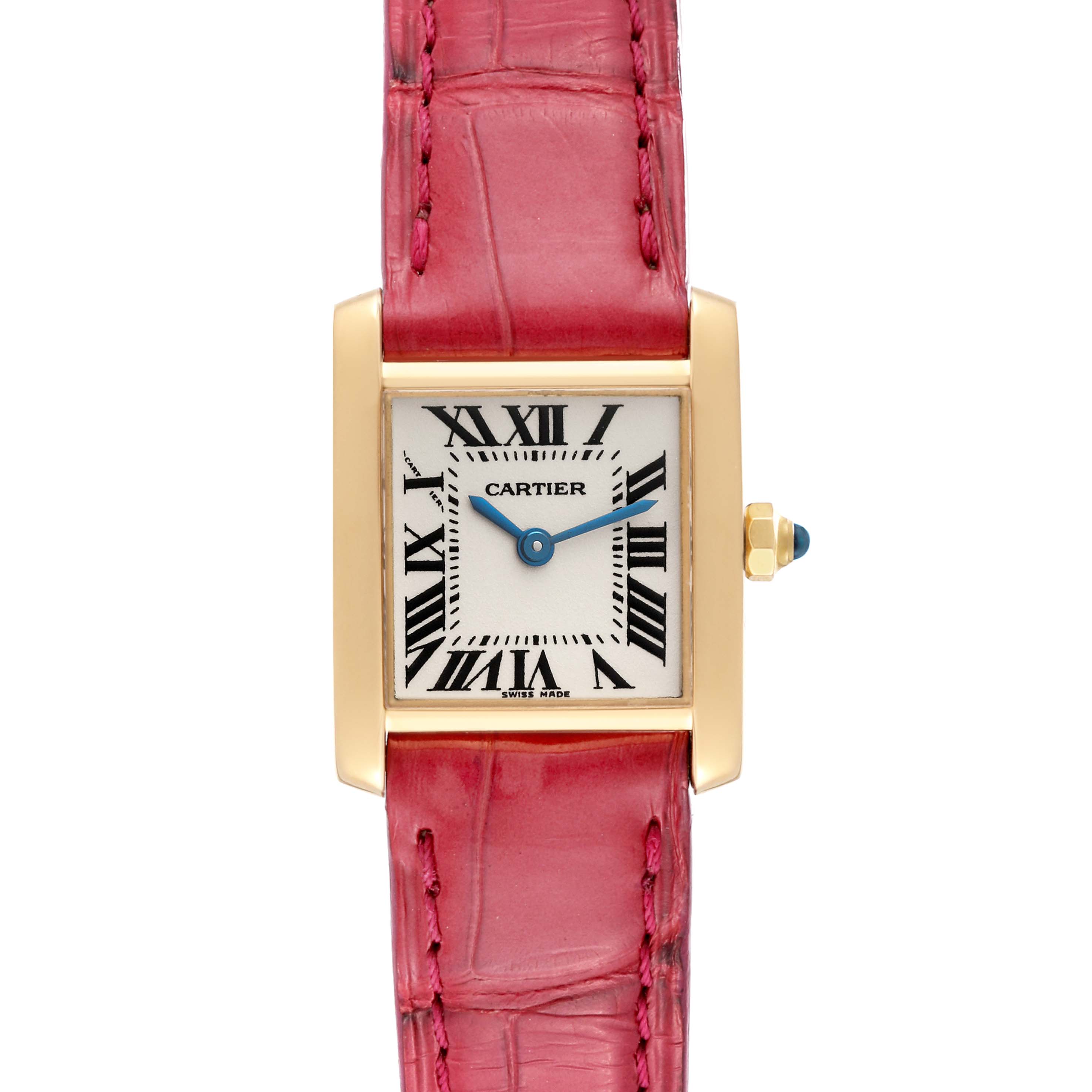 This image shows a frontal view of the Cartier Tank Francaise W5000256 Women
s Yellow Gold Silver Dial W5000256 Women
s Yellow Gold Silver Dial watch with a pink strap and rectangular dial.