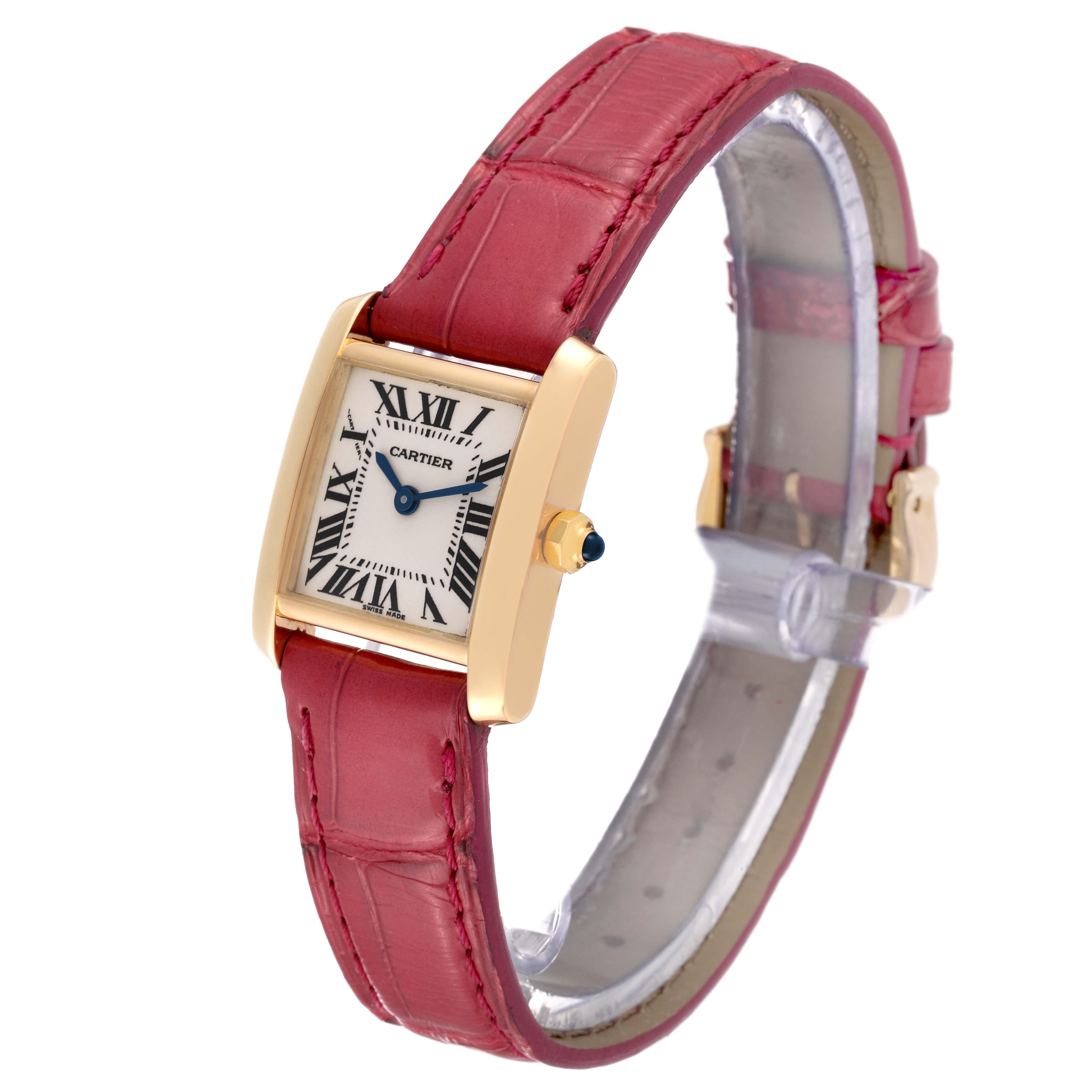 The image shows a Cartier Tank Francaise W5000256 Women
s Yellow Gold Silver Dial W5000256 Women
s Yellow Gold Silver Dial watch with a red leather strap, angled slightly to the right.