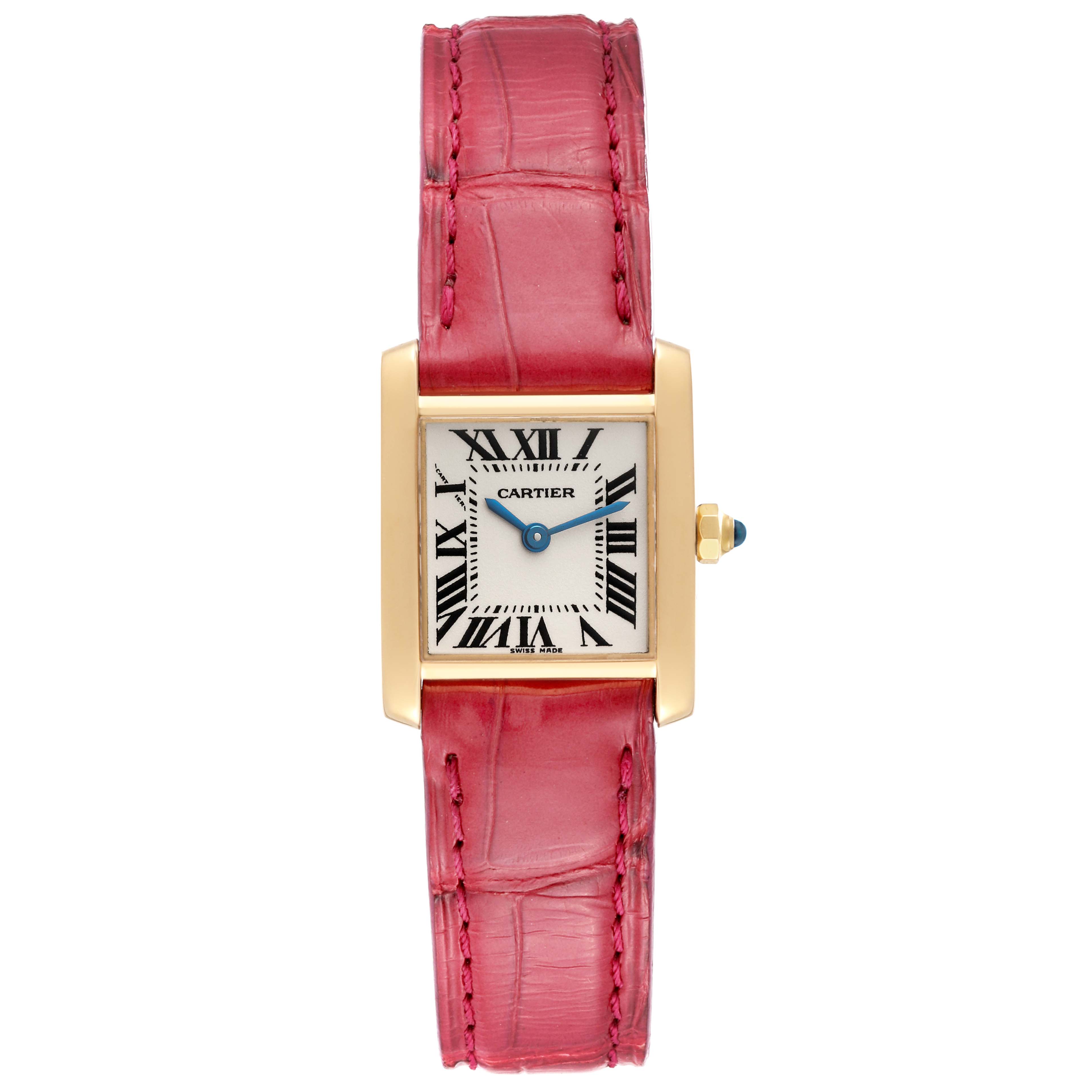 The image shows a front view of the Cartier Tank Francaise W5000256 Women
s Yellow Gold Silver Dial W5000256 Women
s Yellow Gold Silver Dial watch, featuring a gold case, white dial, and red leather strap.