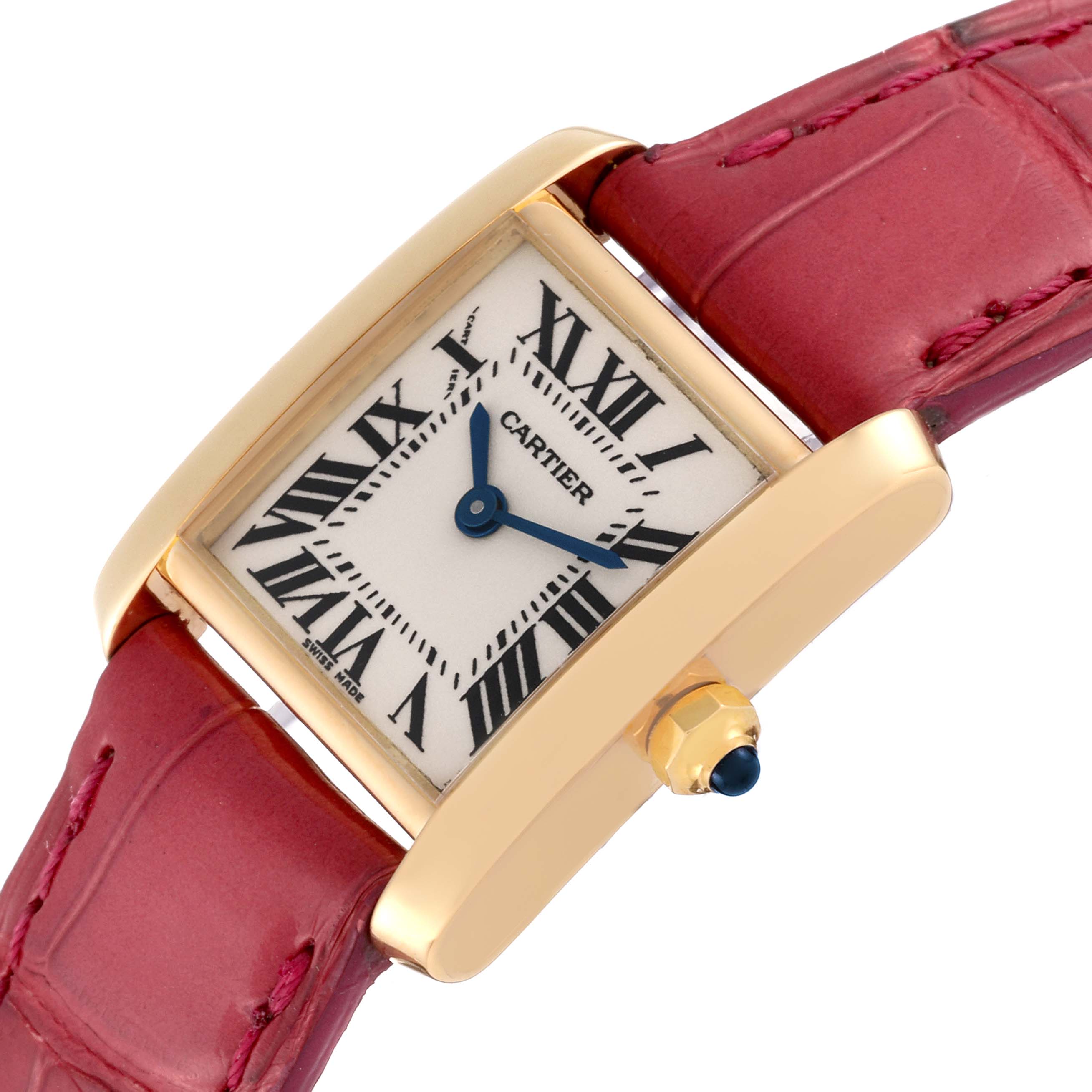 The Cartier Tank Francaise W5000256 Women
s Yellow Gold Silver Dial W5000256 Women
s Yellow Gold Silver Dial watch is shown at an angle highlighting the face, crown, and part of the red leather strap.