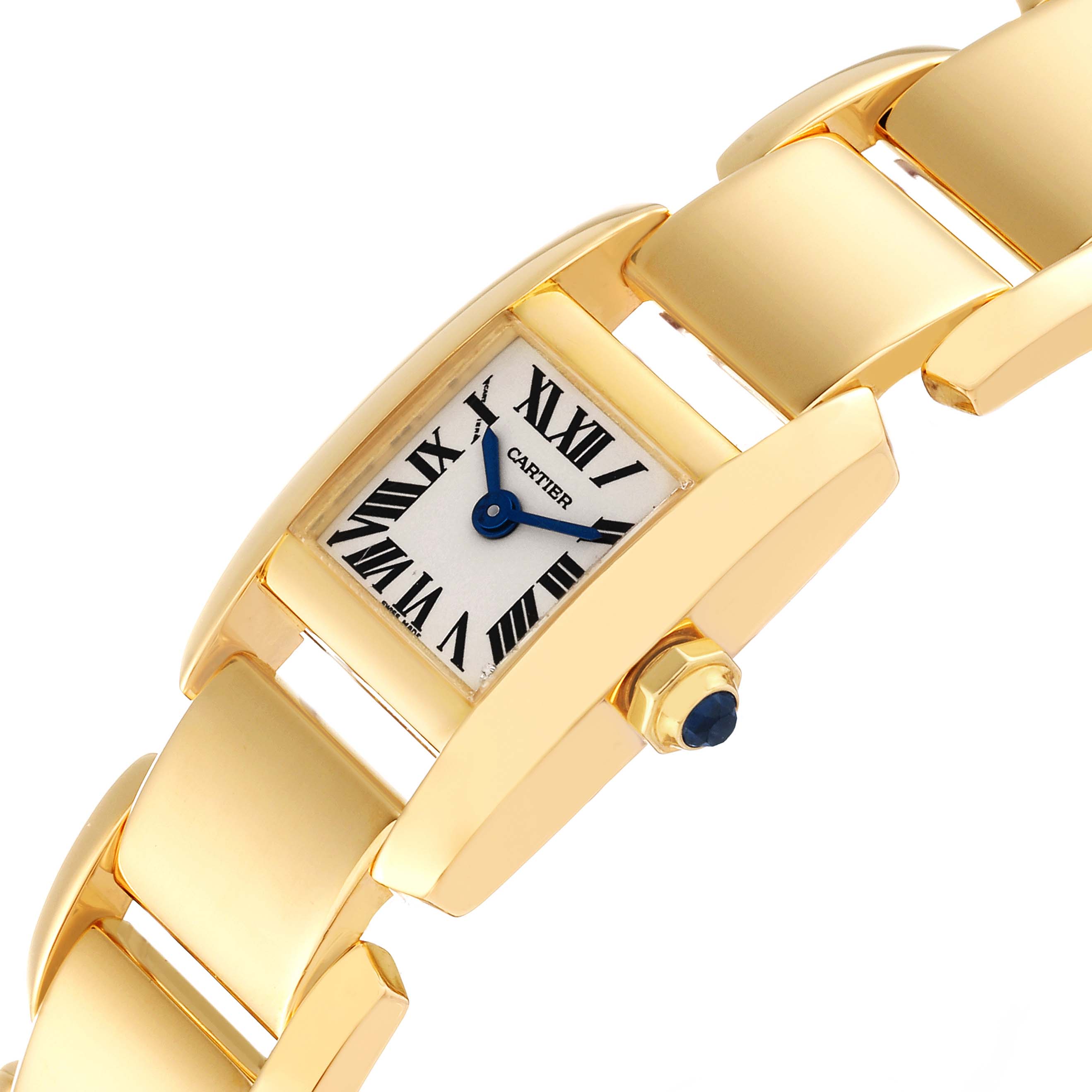 The image shows a close-up, angled view of the Cartier Tankissime W650037H Women
s Yellow Gold Silver Dial W650037H Women
s Yellow Gold Silver Dial watch, highlighting the rectangular dial, crown, and gold bracelet.