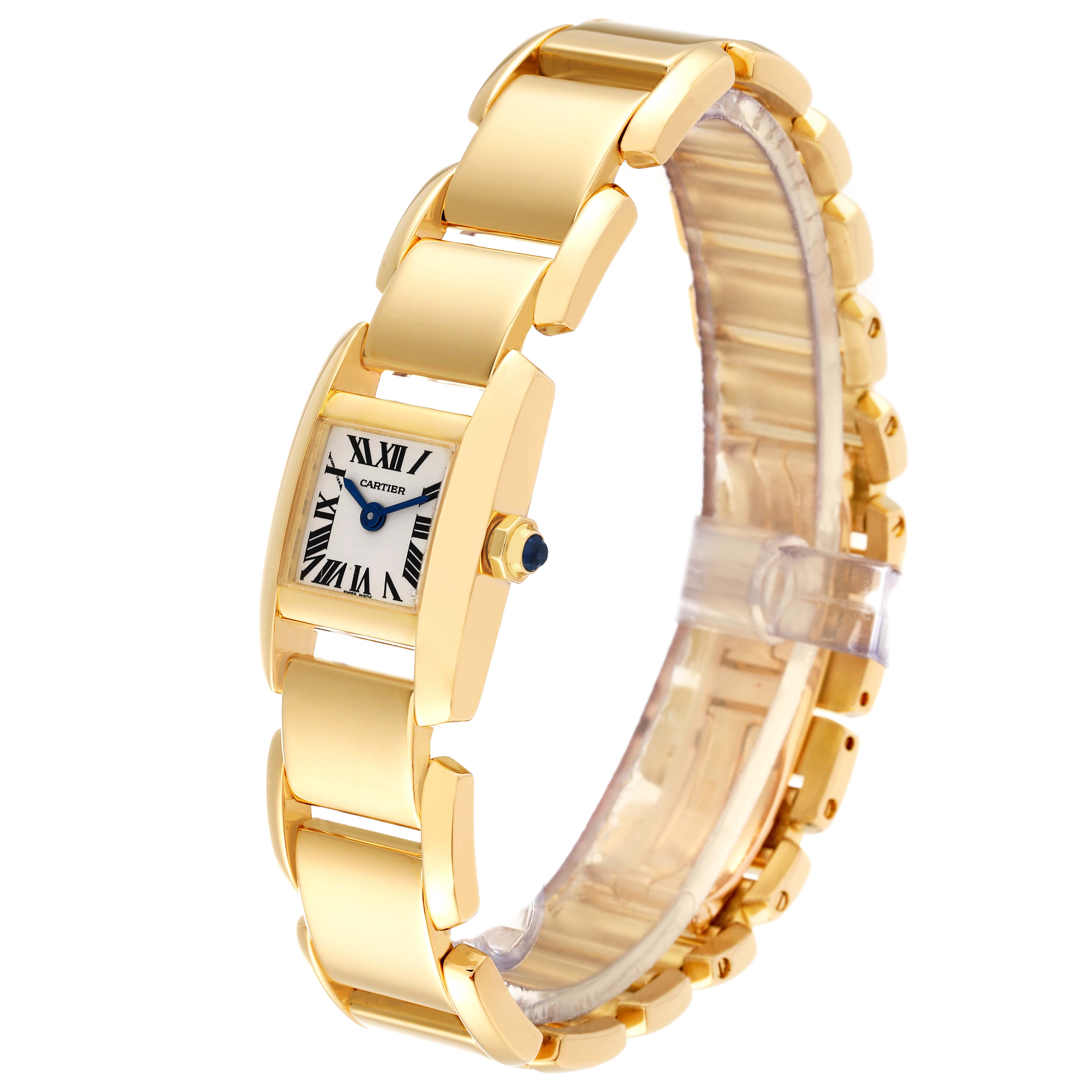 The image shows a Cartier Tankissime W650037H Women
s Yellow Gold Silver Dial W650037H Women
s Yellow Gold Silver Dial watch angled to display the face, bracelet, and side knob.