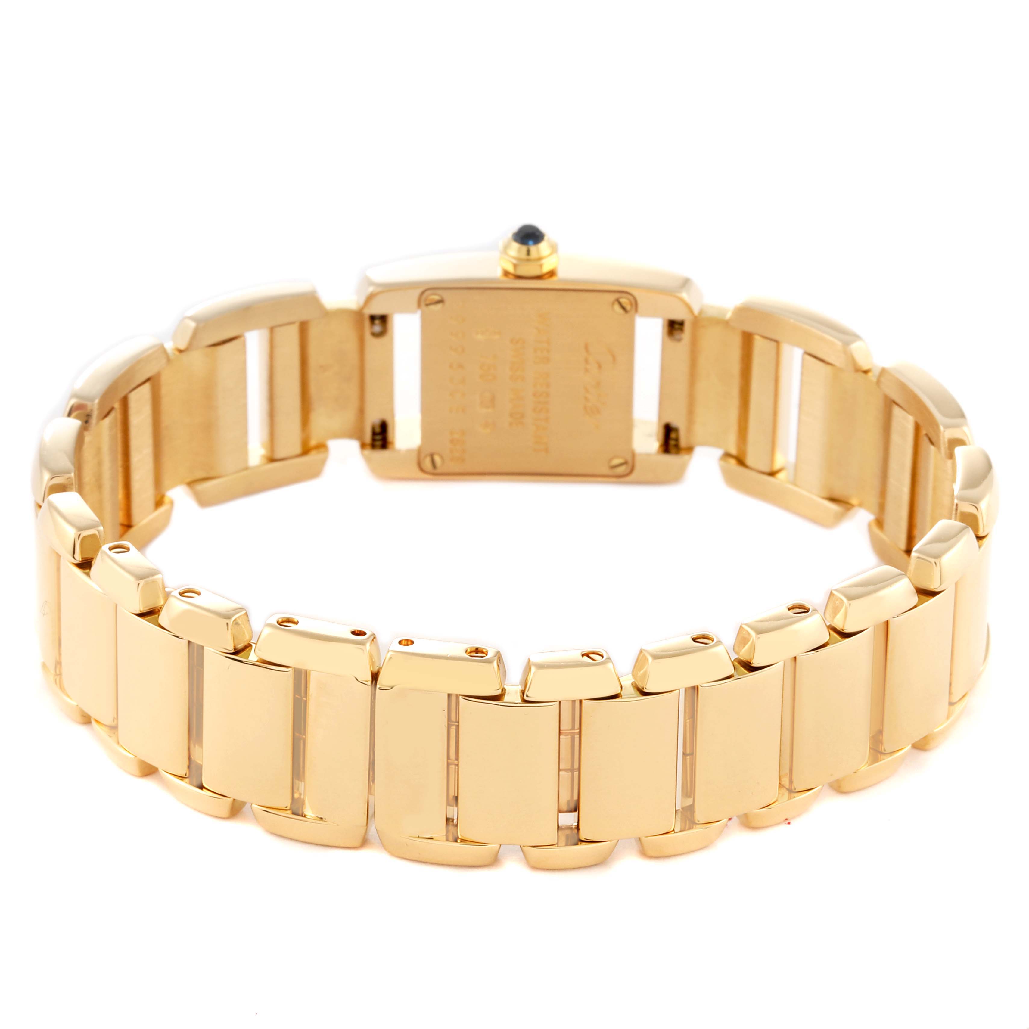 The image shows the back view of the Cartier Tankissime W650037H Women
s Yellow Gold Silver Dial W650037H Women
s Yellow Gold Silver Dial watch, highlighting the gold bracelet and case back.