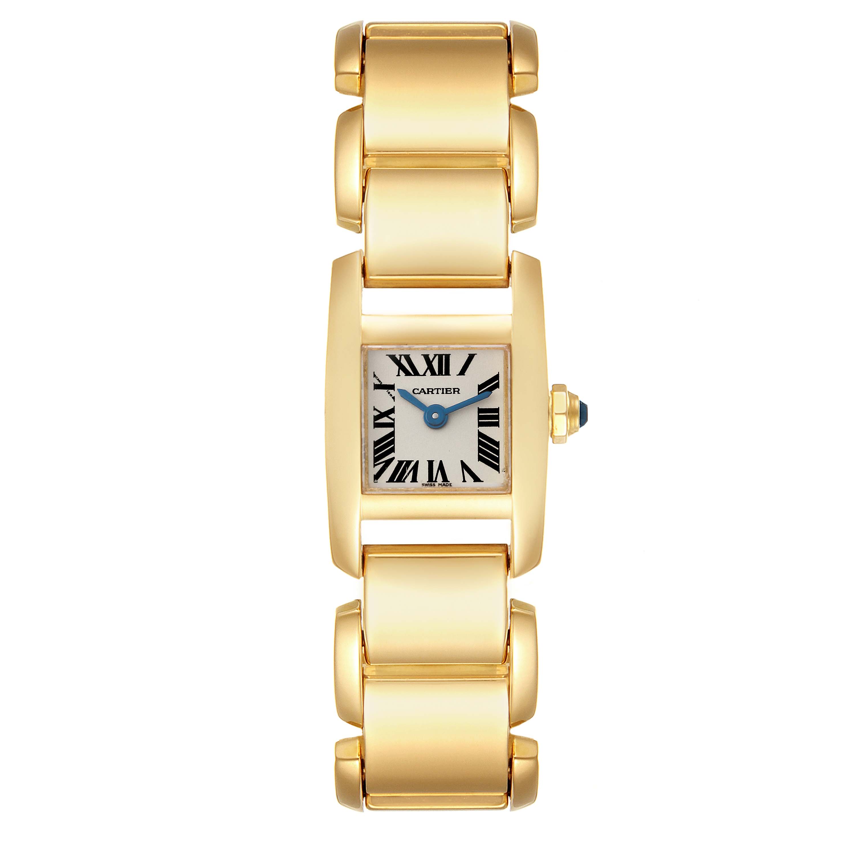 The image shows a Cartier Tankissime W650037H Women
s Yellow Gold Silver Dial W650037H Women
s Yellow Gold Silver Dial model watch from a top-down angle, highlighting its dial, bracelet, and crown.