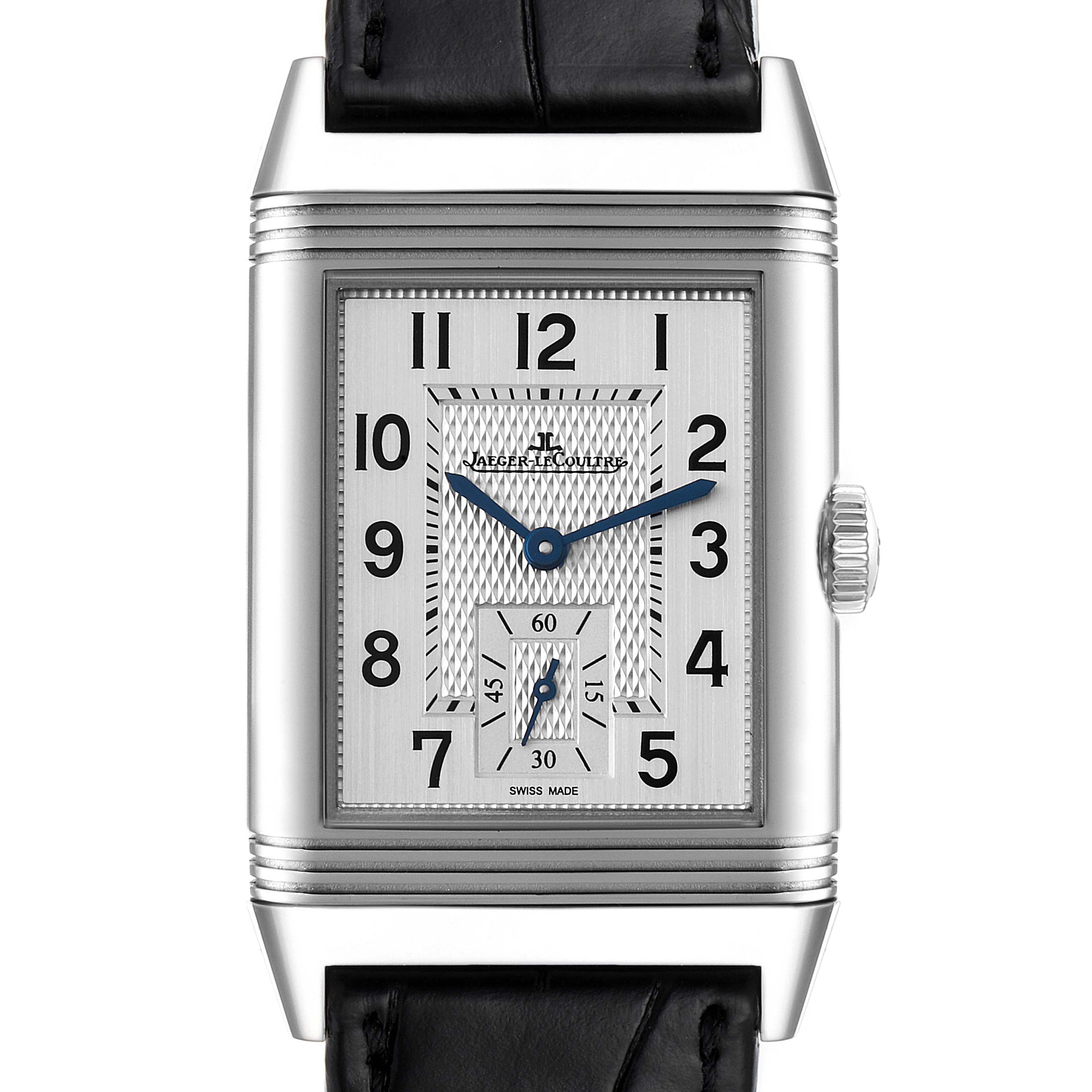 This image shows a front view of the Jaeger LeCoultre Reverso Q3858520 Men's Stainless Steel Silver Dial Q3858520 Men's Stainless Steel Silver Dial watch, highlighting its dial, hour markers, hands, and crown.