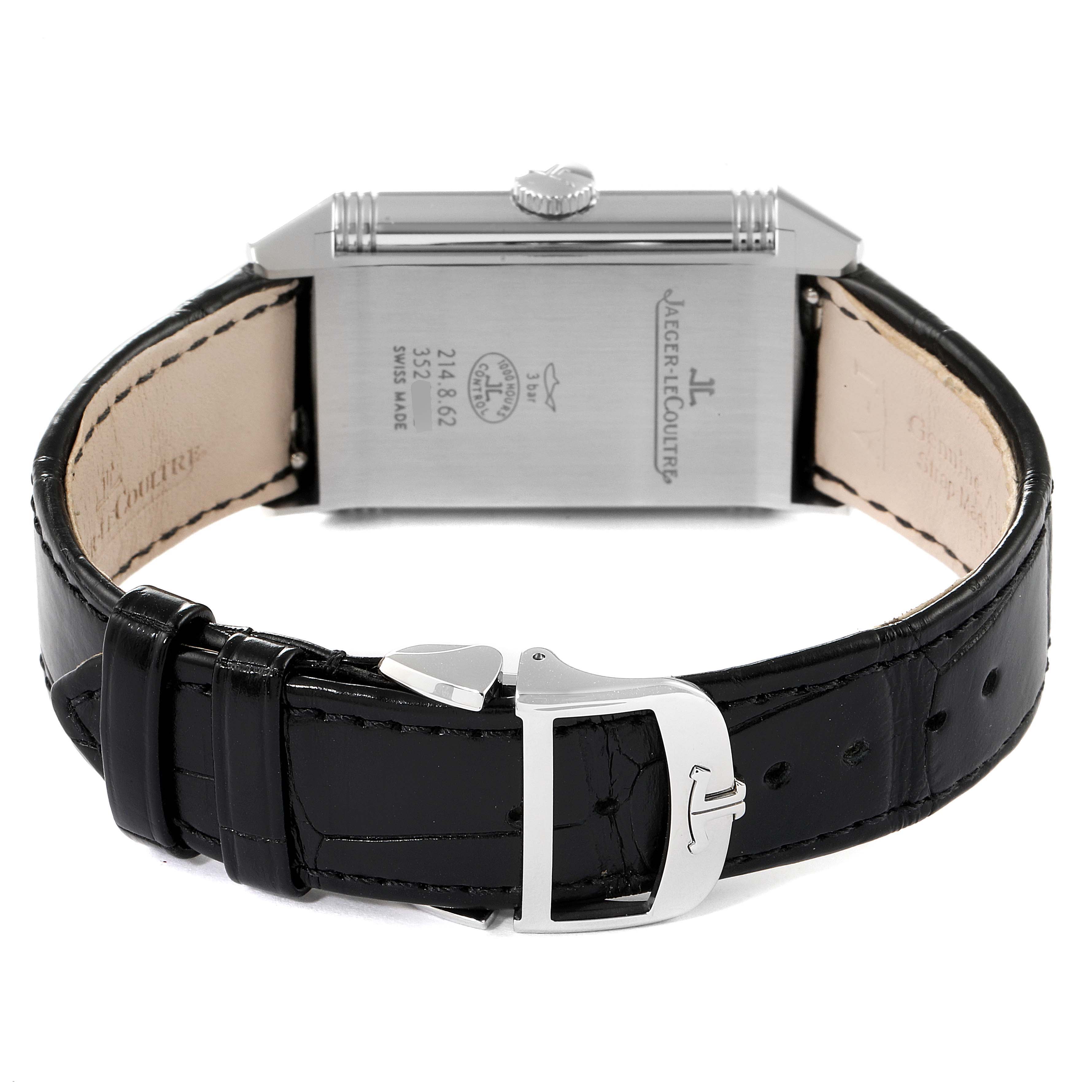 The image shows the back and clasp of the Jaeger LeCoultre Reverso Q3858520 Men's Stainless Steel Silver Dial Q3858520 Men's Stainless Steel Silver Dial watch, highlighting the case back and black leather strap.