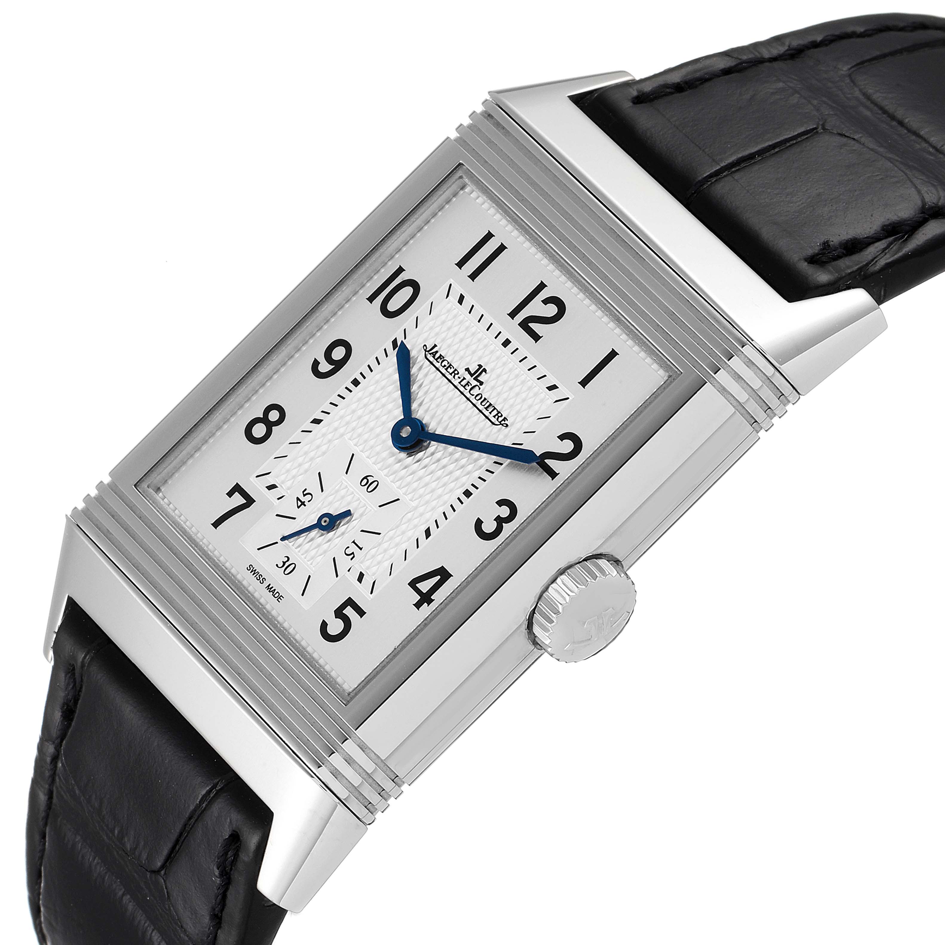 The image shows a close-up of the dial and leather strap of a Jaeger LeCoultre Reverso Q3858520 Men's Stainless Steel Silver Dial Q3858520 Men's Stainless Steel Silver Dial watch at a slight angle.